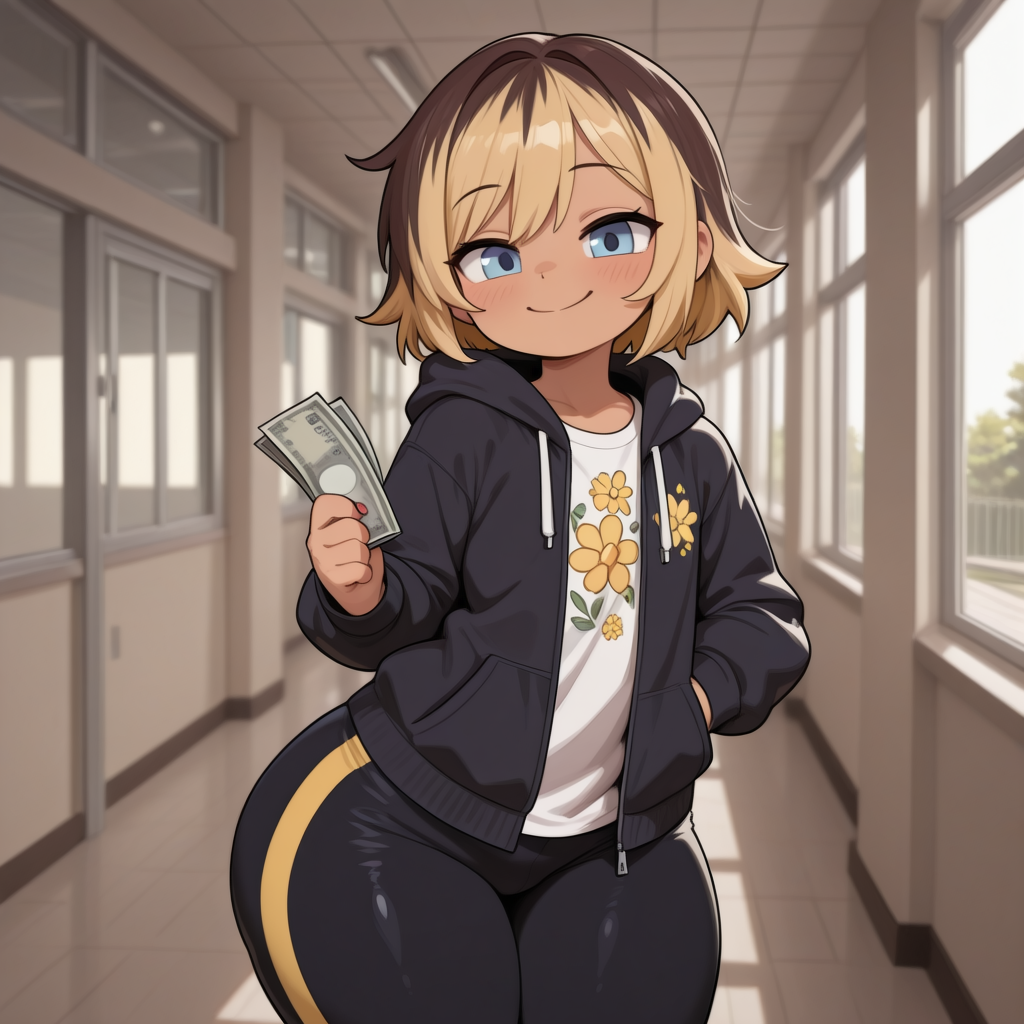 Kyle is wearing: black unzipped hoodie with a flower print on his left breast, white t-shirt with a floral pattern, black pants with yellow seams, white socks, and black shoes with white soles.