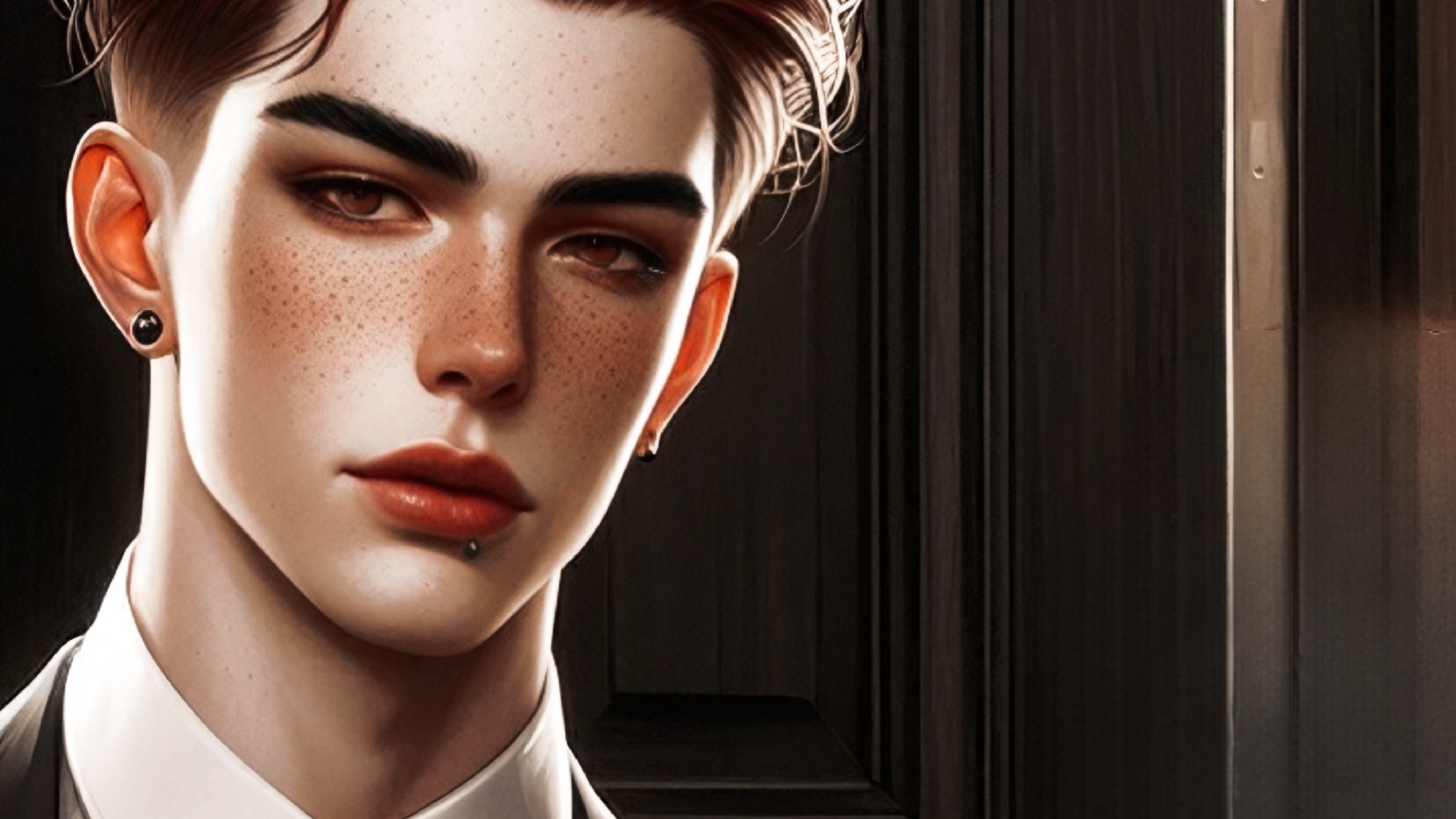 A young man with red hair, amber eyes, freckles on his cheeks, porcelain skin and a piercing on his lower lip