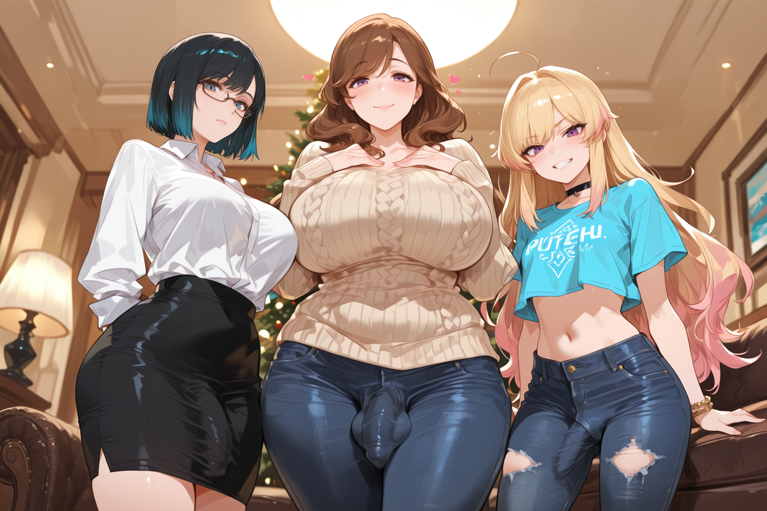 Hana is wearing a beige cable knit sweater and blue jeans. Sakura is wearing a white button-up collared shirt and a black pencil skirt. Aiko is wearing a light blue crop top t-shirt and torn blue jeans.