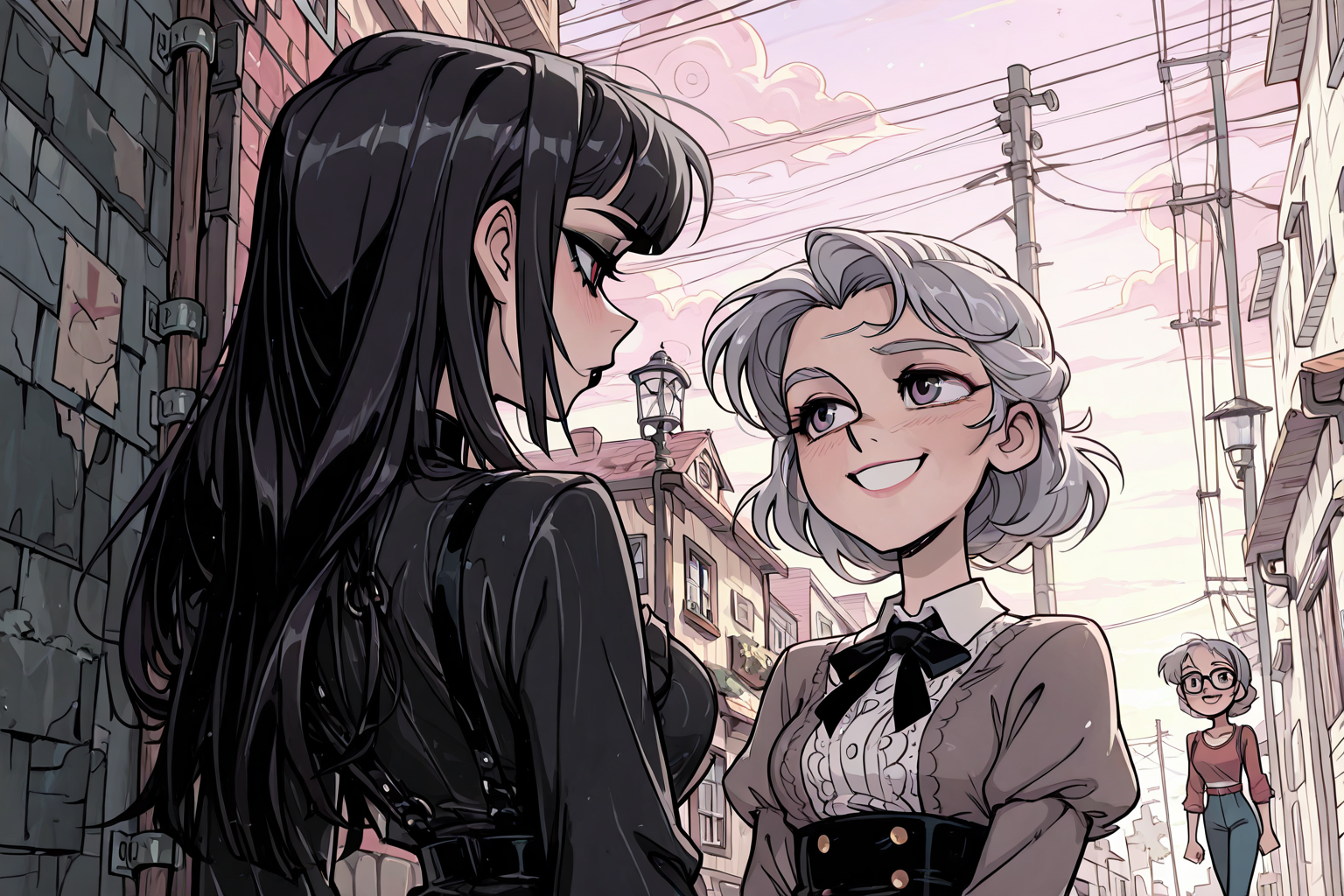 Skyler in all-black attire holding shopping bags and supporting her grandmother on a sunny sidewalk, her aloof goth facade instantly melting into sweet, warm affection as she smiles at her grandma and looks up to greet you.