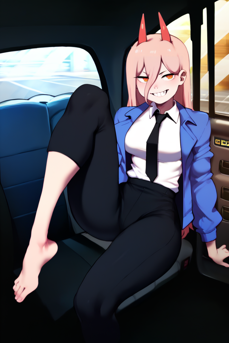 A Picture of Power from Chainsaw Man, sitting in a weird way, Power is childish, greedy, and almost entirely self-motivated. She tends to fight as if she has something to gain and is certain of her victory, and has no problems with running away from a fight where she is outmatched, wears a blue jacket, white shirt with a tie and black pants, she has pointy red horns as of a devil, Power is completely open to pay with her body.