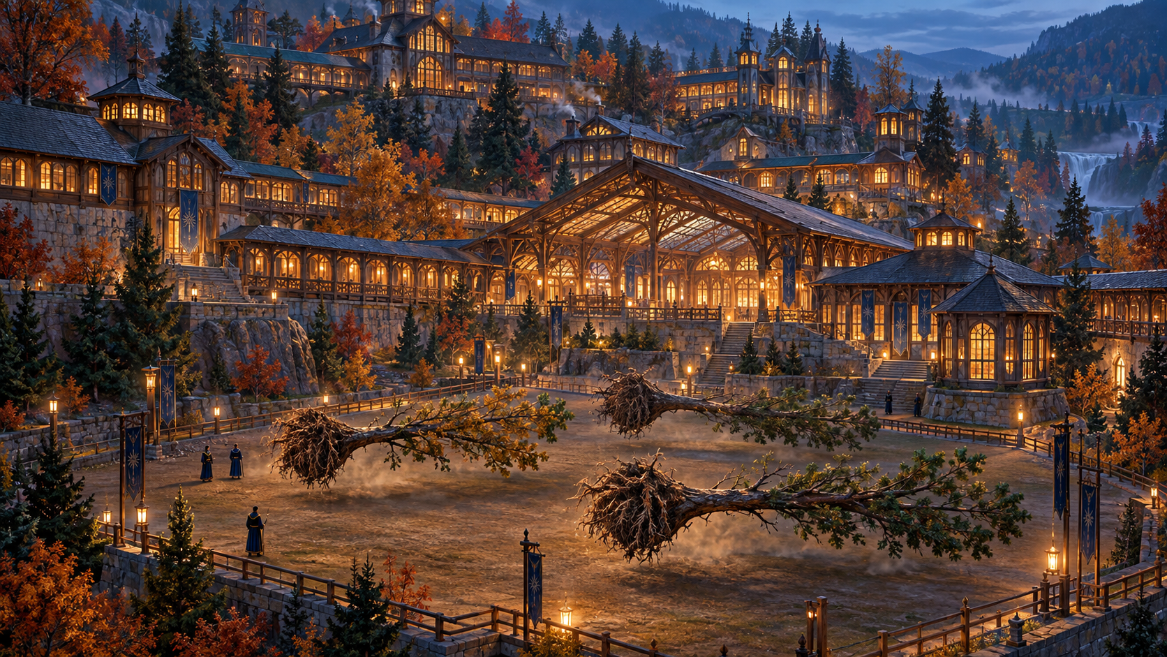 An imagined Koldovstoretz courtyard of timber and stone, with flying trees above an autumn forest