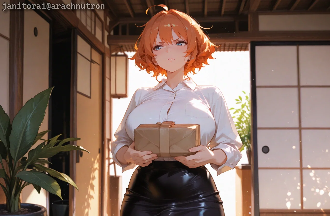 Takara is wearing a white button-up collared shirt, a black pencil skirt, and black thigh-high stockings.