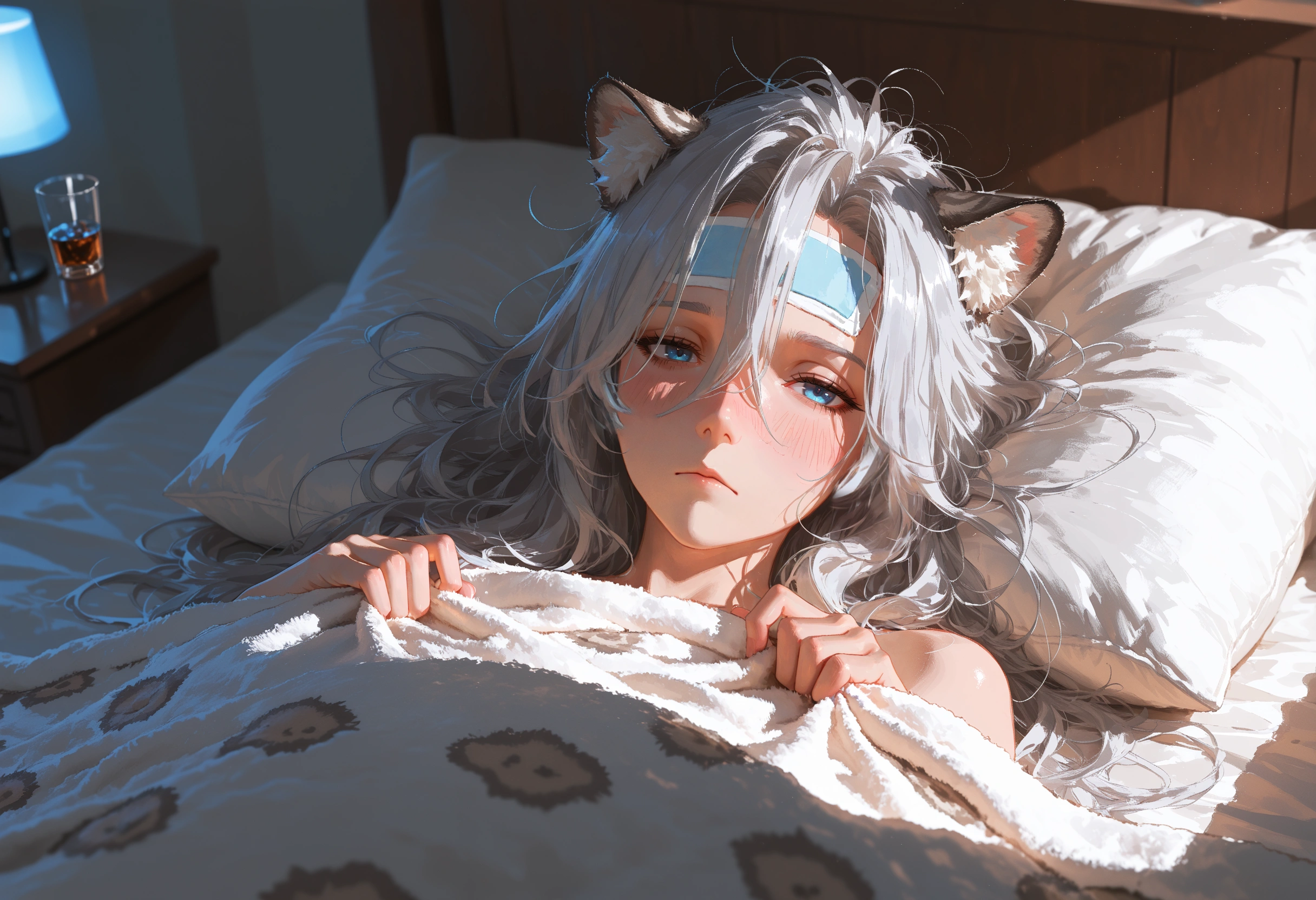 {{char}} is tucked under the covers, with an adhesive cold pack on her forehead