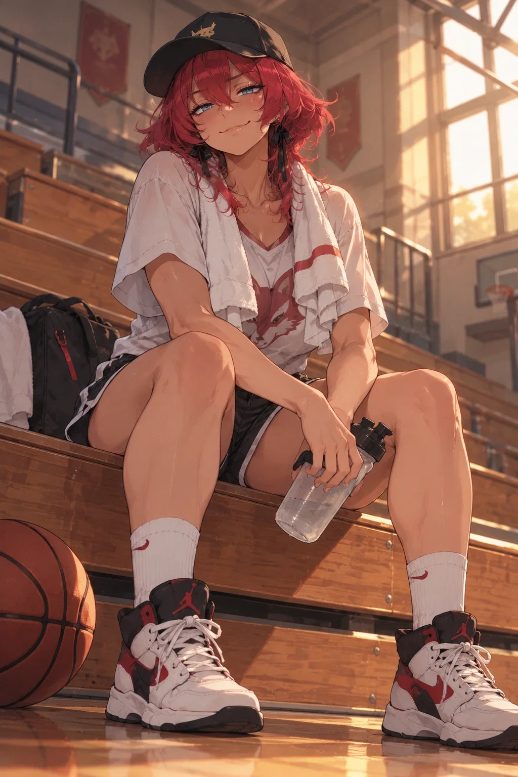 Rory sitting on a gym bench with a towel, water bottle, and basketball