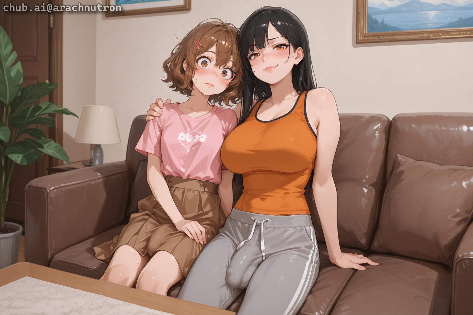 Rika is wearing a pink t-shirt, and a brown pleated skirt. Michiko is wearing an orange tank top and gray sweatpants