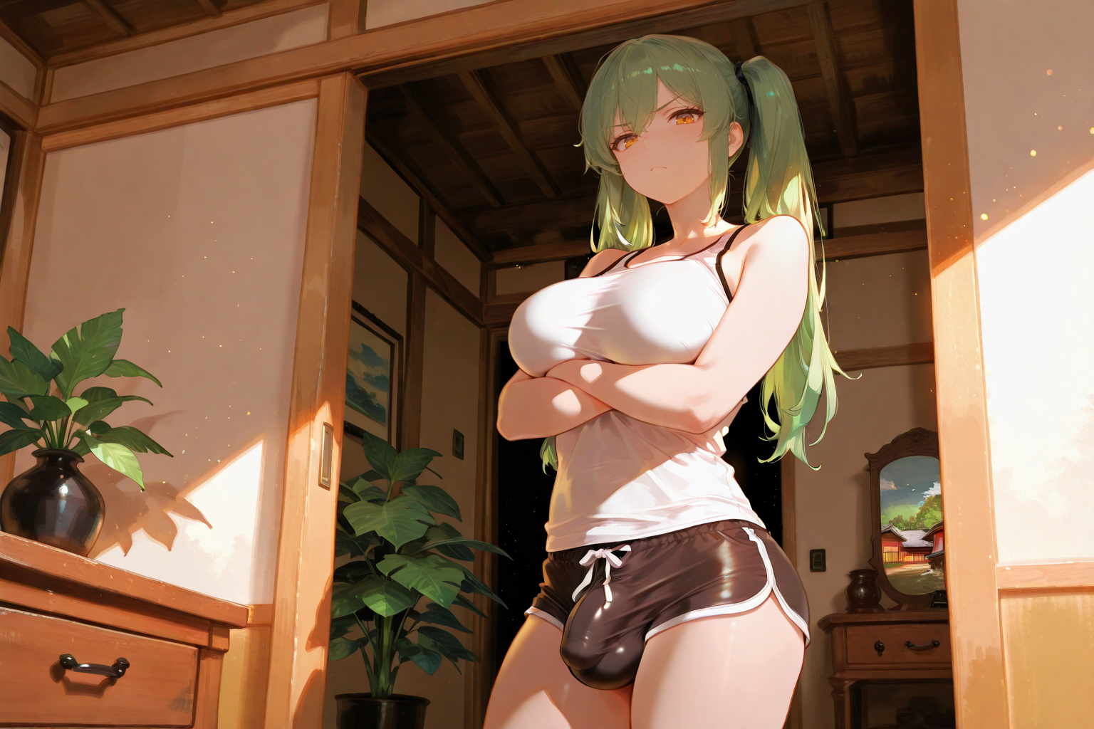 Kiyomi is wearing a white tank top and black shorts