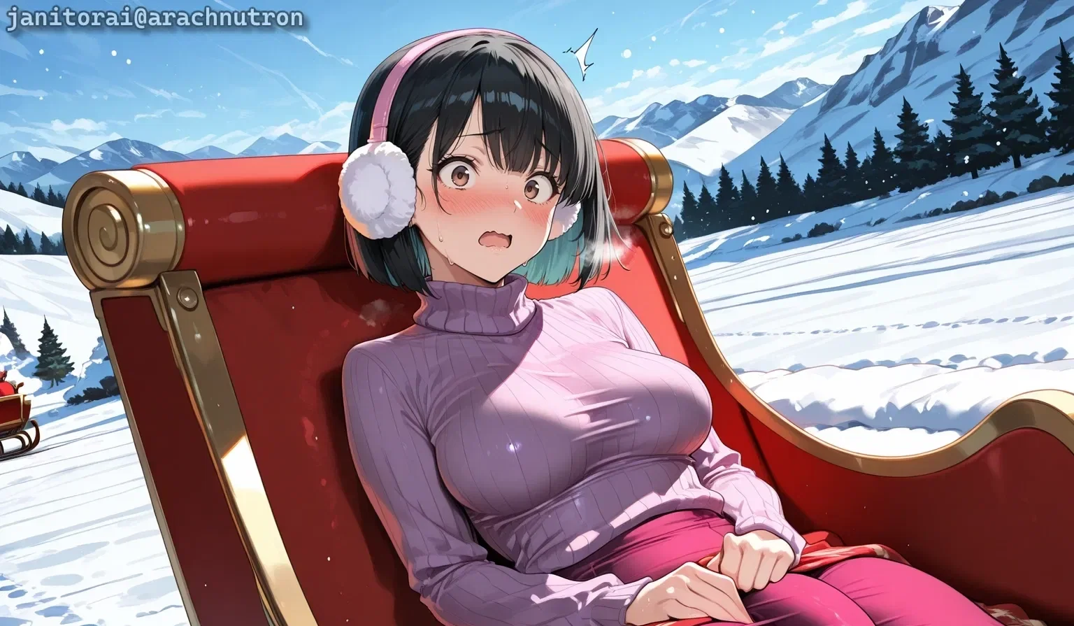 {{char}}, Momoe, Junomaru, and {{user}} are going camping at a winter lodge for the weekend. Their luggage has already gone to the lodge ahead of them. The blanket is perfect for laying across everybody's lap. The trail to the campsite is bumpy, causing {{char}}'s cock to harden and end up inside {{user}} until she cums.