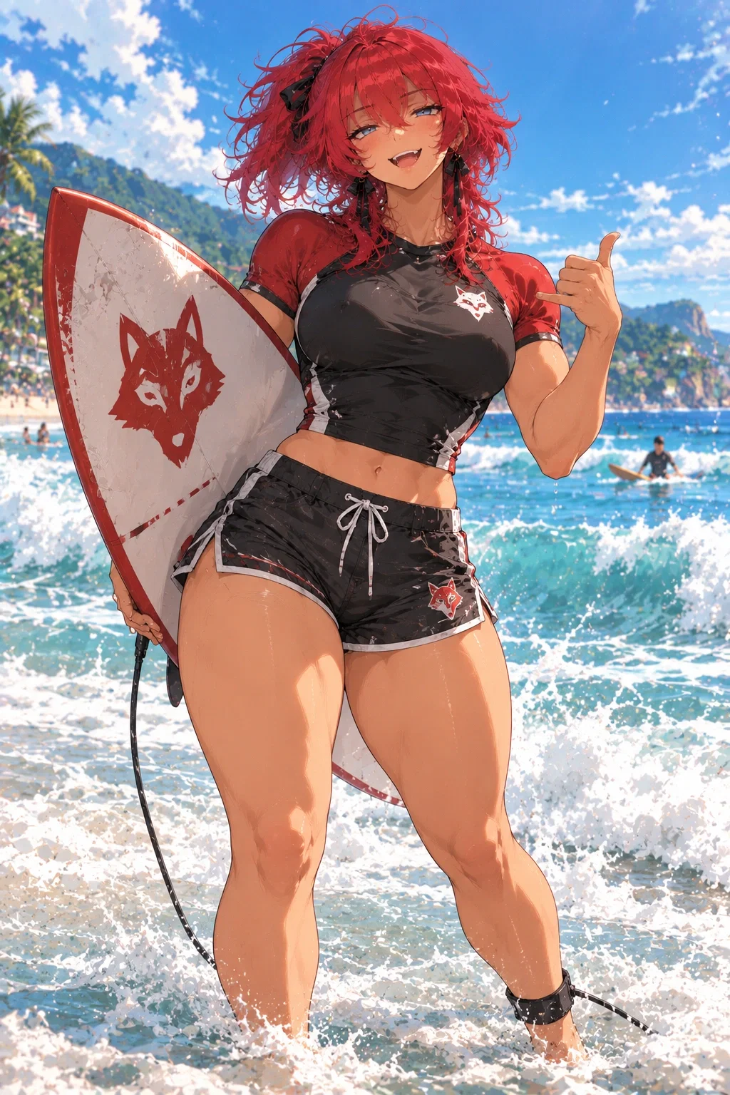 Rory standing in the surf with a red-and-white surfboard and black sportswear
