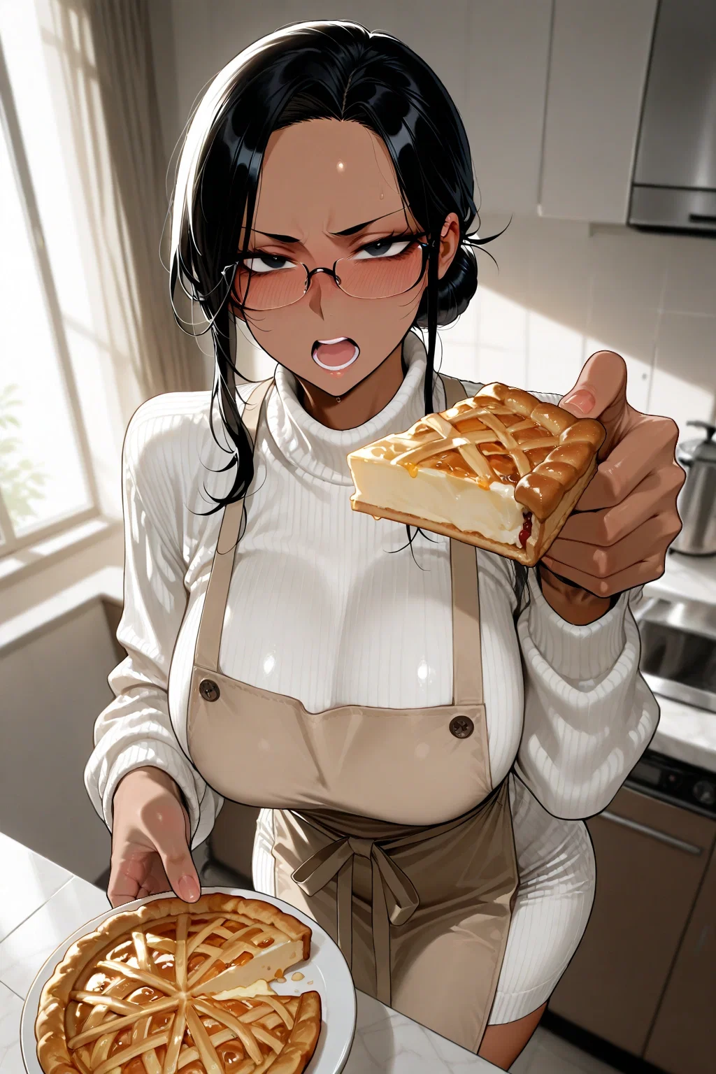 Milley is wearing a sweater dress and an apron