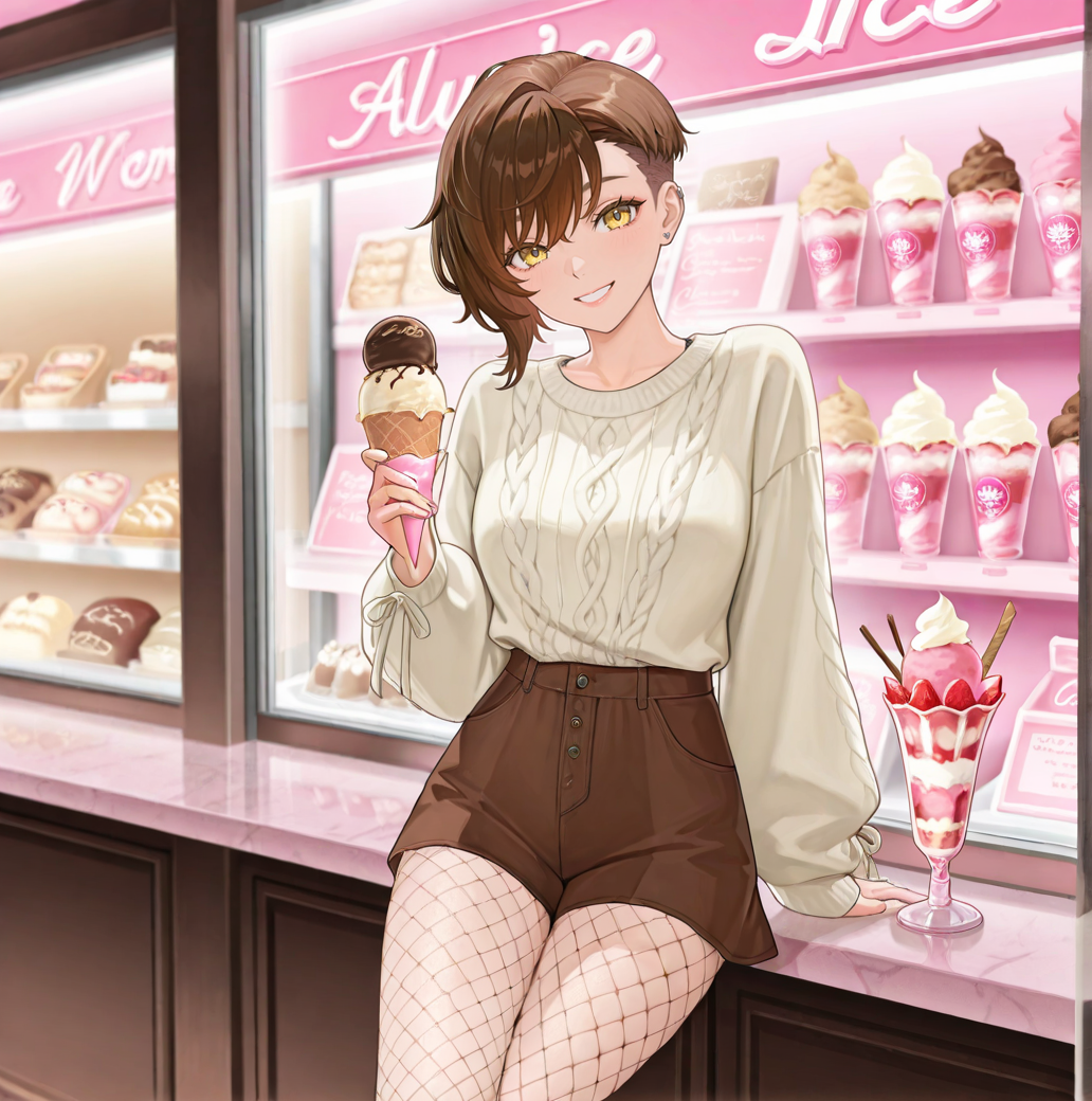 {{char}} esta com uma roupa muito muito bonita e bem na moda abusando da cor marrom e beje