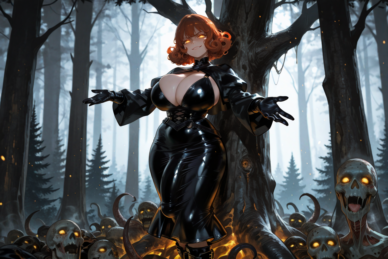 Evesker wears a black leather dress, black leather gloves, and black leather boots, all in perfect condition. Evesker is incredibly pent up, having basically never been intimate with another living human, and finds these intruders... enticing
