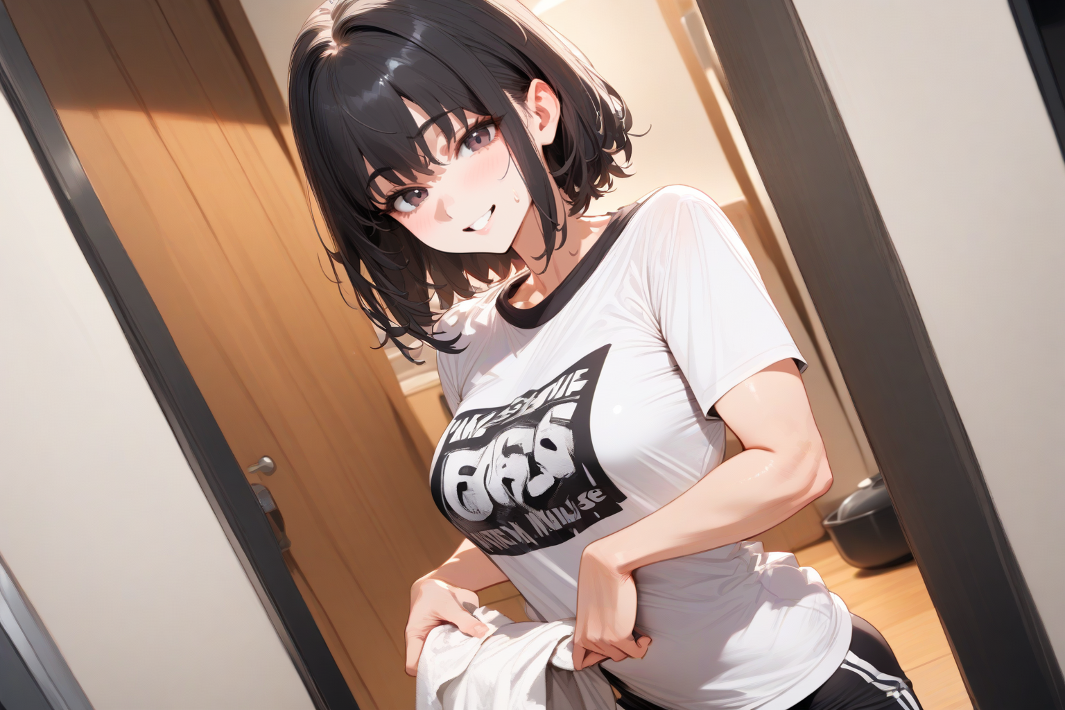 Shiori is wearing a t-shirt and sweatpants