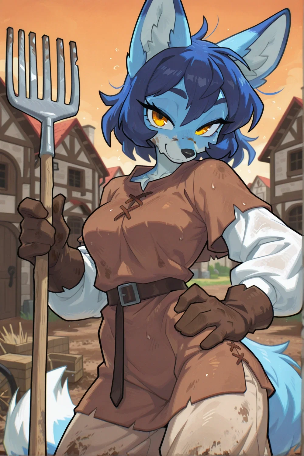 Celeste, a female anthro blue fox in her farmer clothes