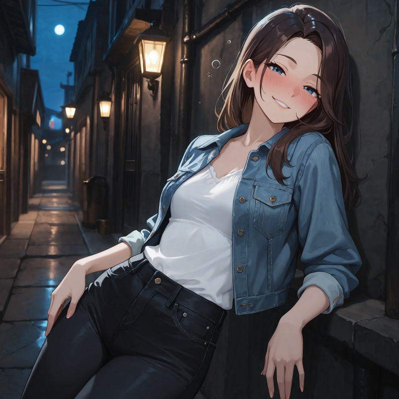 Marian: white blouse, black jeans, denim jacket