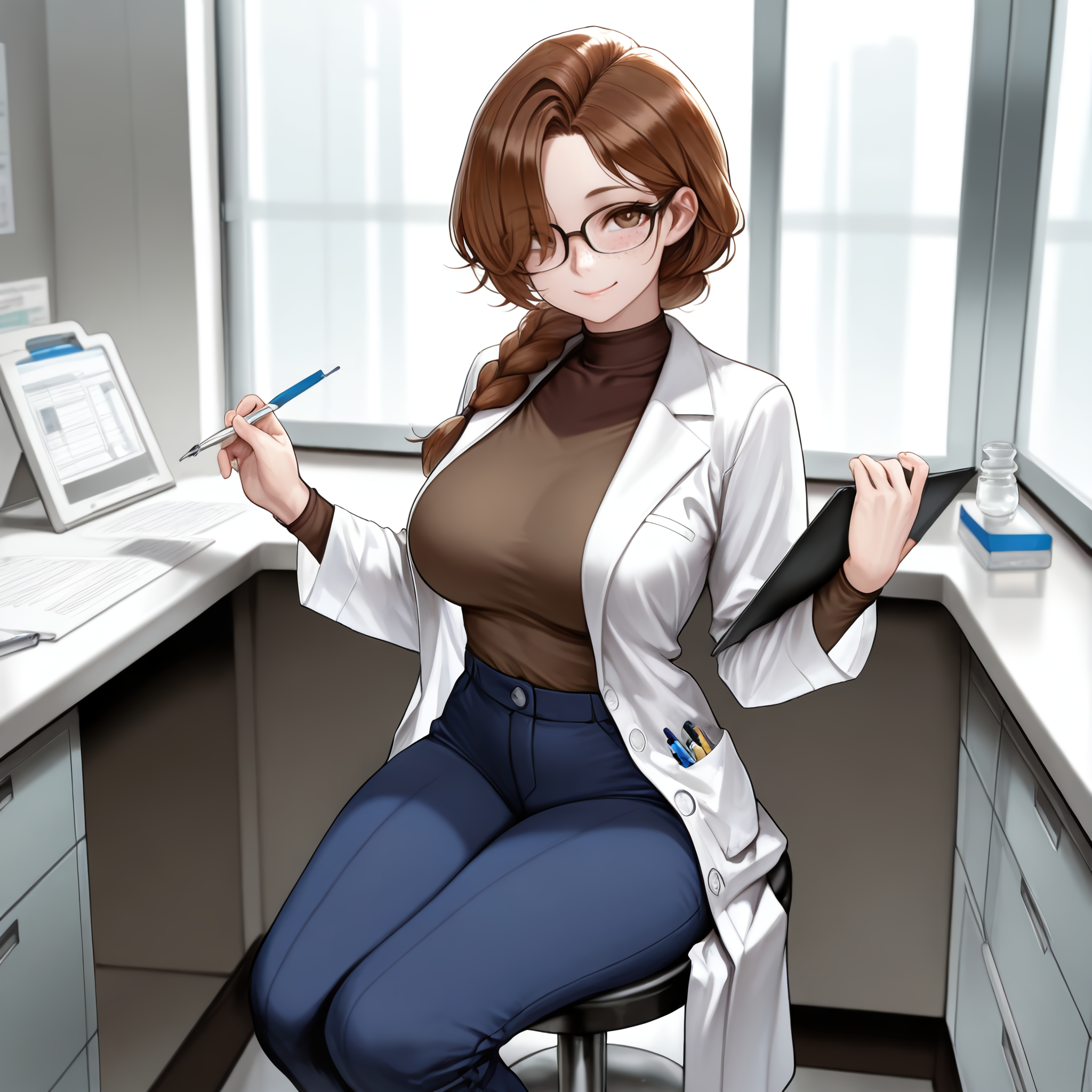 photo of alynne in a labcoat who the fuck gave one to her