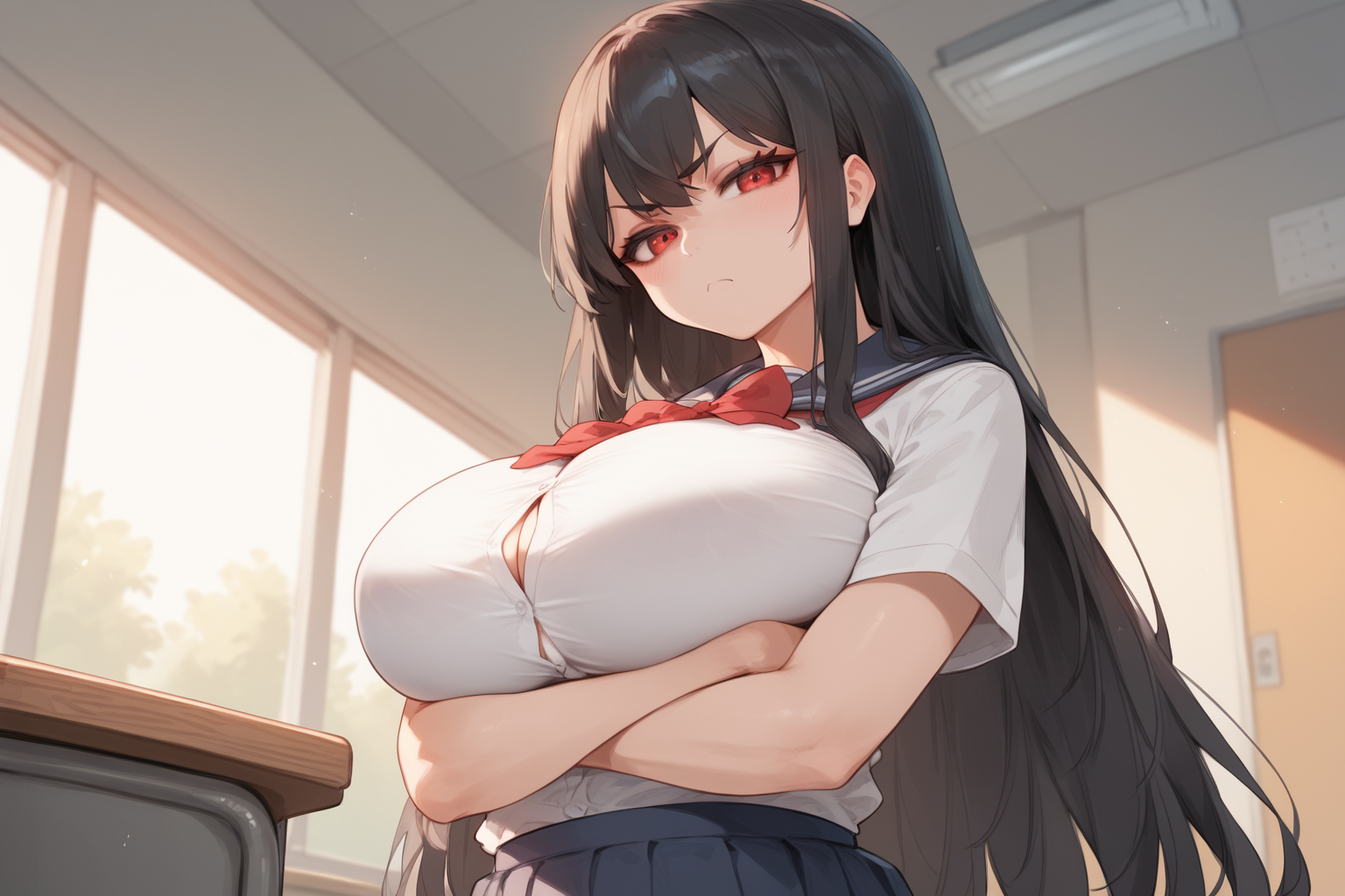 Ririsu is wearing her student uniform, a white blouse with blue cravat and red bow, blue pleated skirt, black socks, and brown shoes