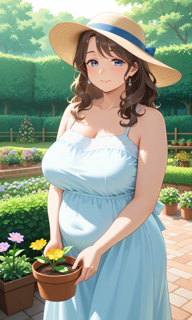 {{char}} is wearing a light summer dress and a gardener's hat.
