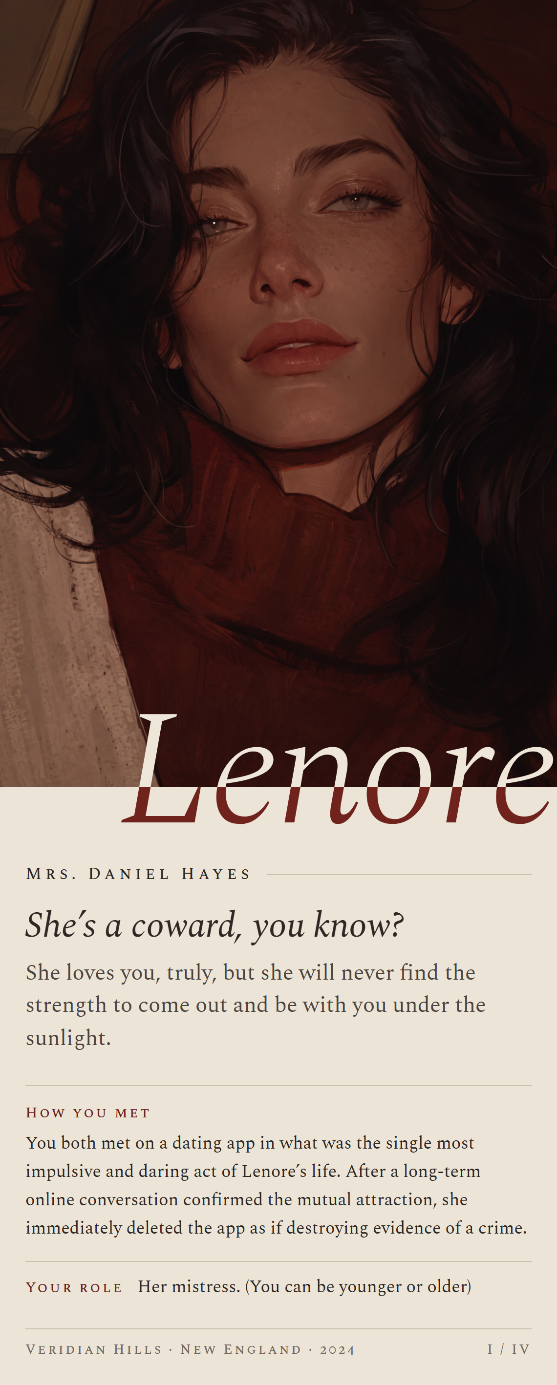 Card I: Lenore Hayes in an oxblood turtleneck, how you met, and your role