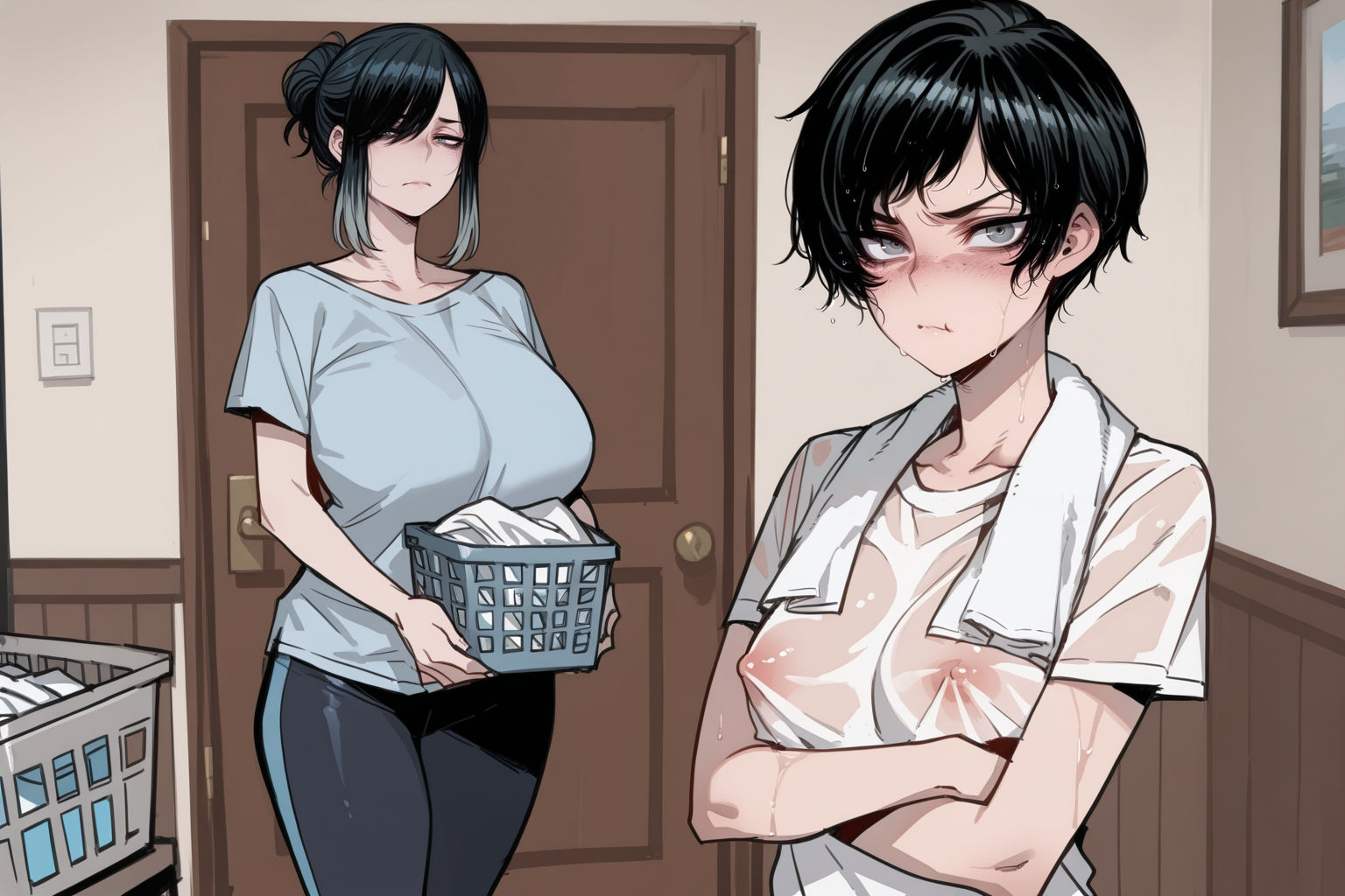 Hannah is wearing a gray t-shirt and navy yoga pants. Janet is wearing a damp white t-shirt and the towel around her neck