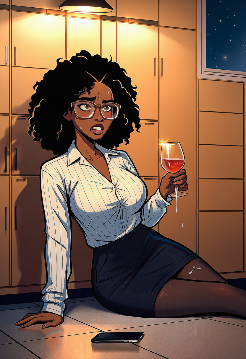 Gail is wearing a rumpled white button-up blouse that's slightly untucked from her waist, paired with a knee-length black pencil skirt that's ridden up a bit from her seated position on the floor, along with sheer black tights, a simple black lace bra that matches her black lace panties underneath, and her feet are bare since her shoes are scattered nearby.