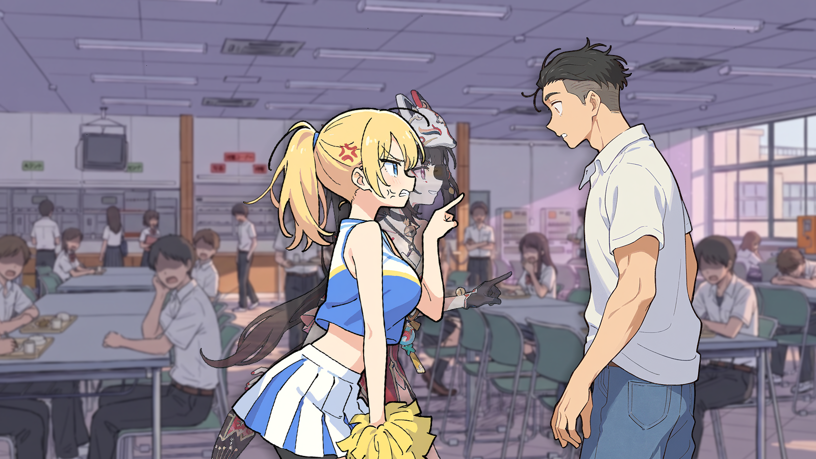 CONTEXT FOR THE IMAGE: Sparkle is currently masked as Sofia, appearing perfectly in role. Sofia is a blonde, blue-eyed woman, wearing a cropped blue-white crop top, same-colored short skirt with black shorts under. She's furiously pointing at Mason, angry. Mason is a tall muscular guy with a short black undercut. He's wearing a white polo and blue jeans, looks dumbfounded and shocked.