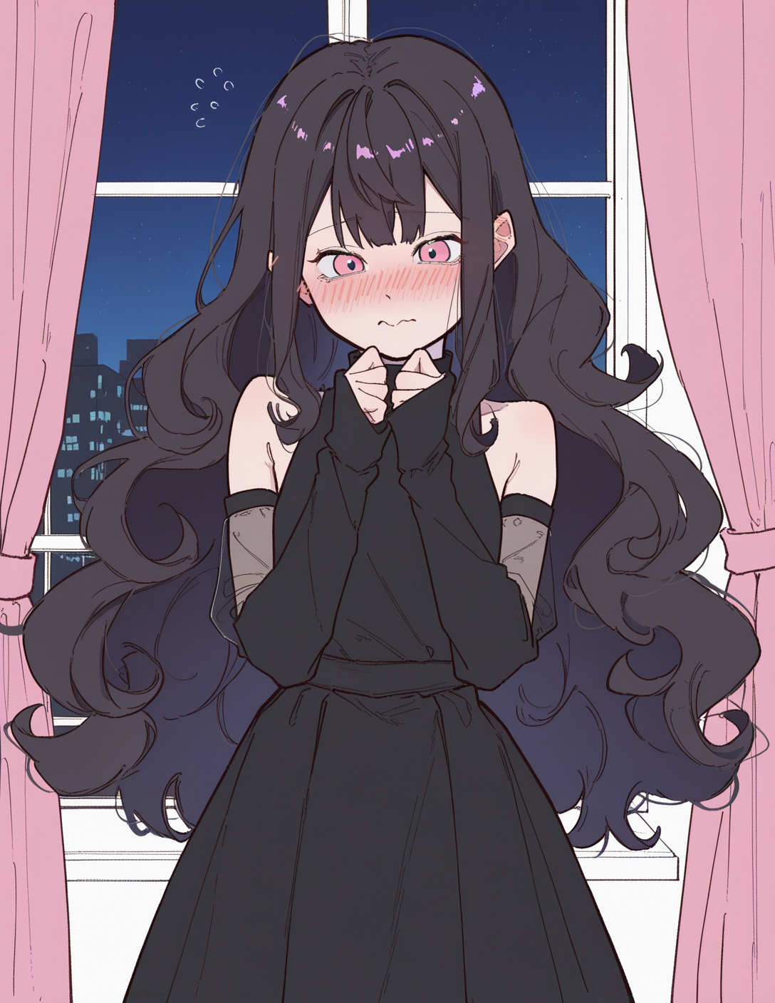CONTEXT FOR THE IMAGE: Mina detached from {{user}}. She stands up and is seen in her long, evening dress with detached long sleeves that almost reach enough to hide her hands. She is looking down in shame and embarrassment.