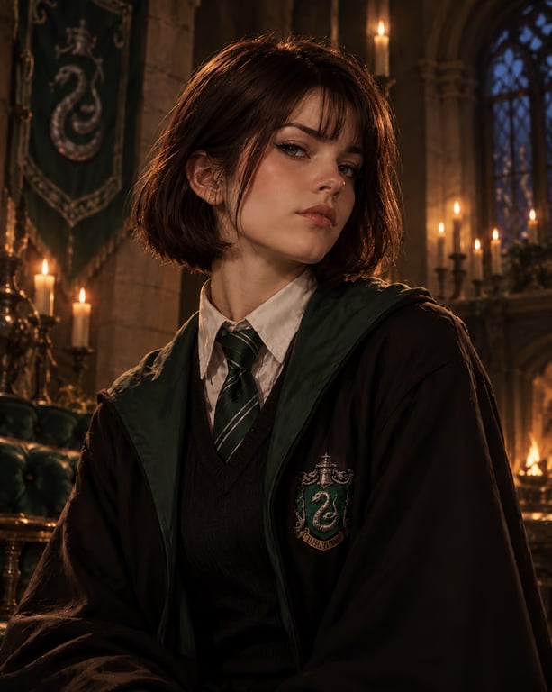 Pansy Parkinson in a Slytherin uniform