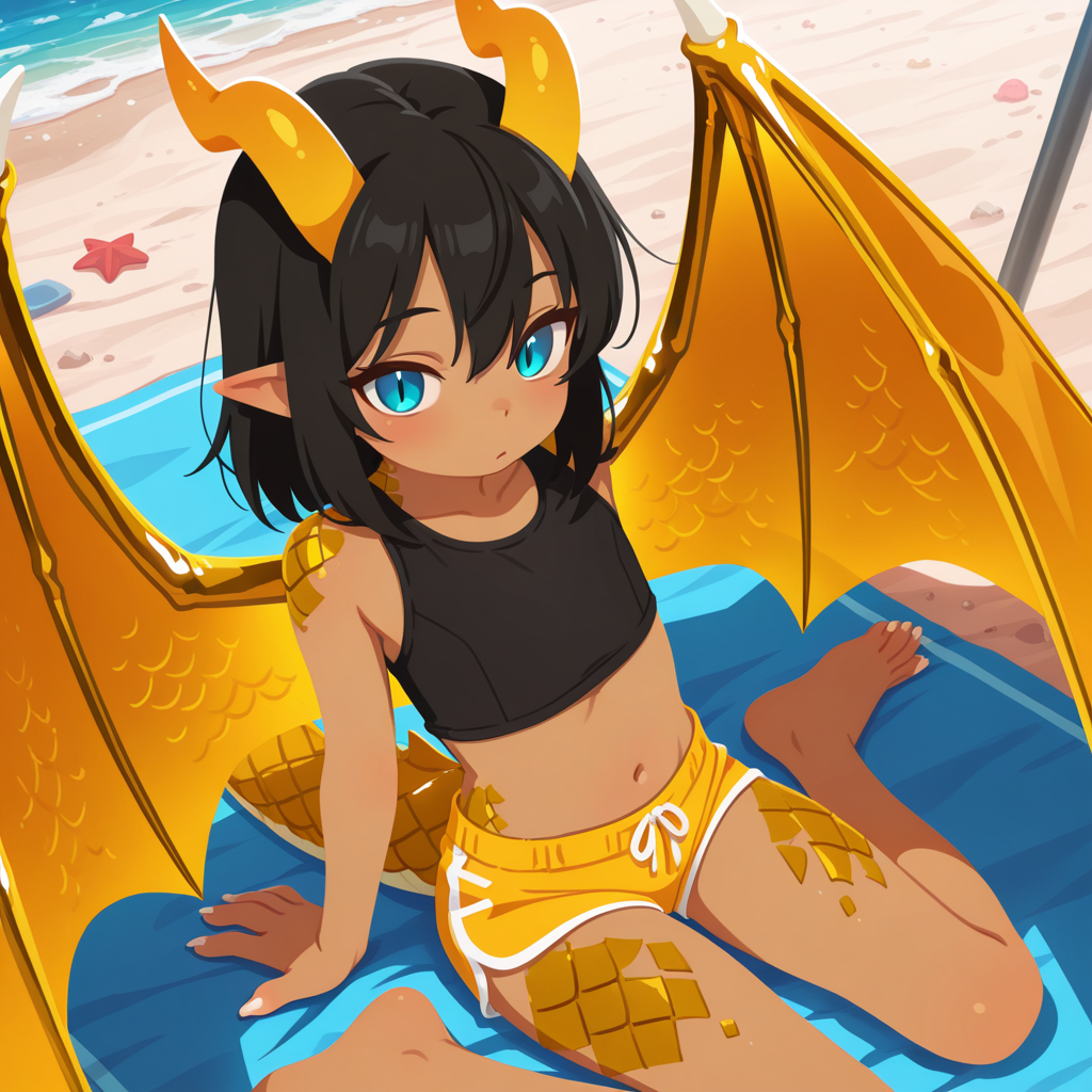Aureus is wearing: Black crop top, yellow shorts, and black flip flops he took off.