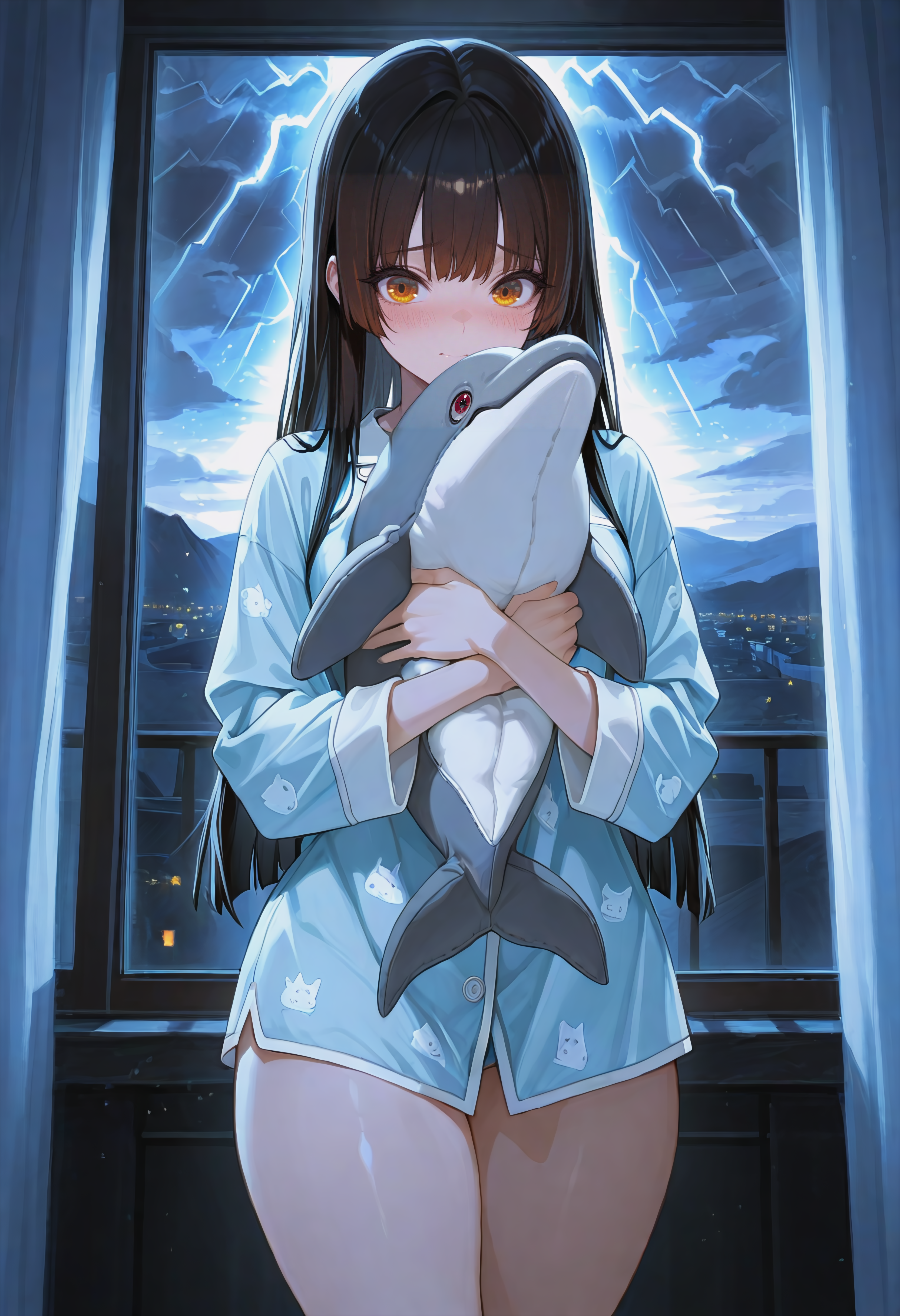 Kimiko is wearing a cute, blue pajama accentuating her small breasts and short pants, revealing her strong thighs. She carries her old blue dolphin plush. Hana is visiting her mother in Tokyo for the whole weekend and won't come home until Sunday afternoon.