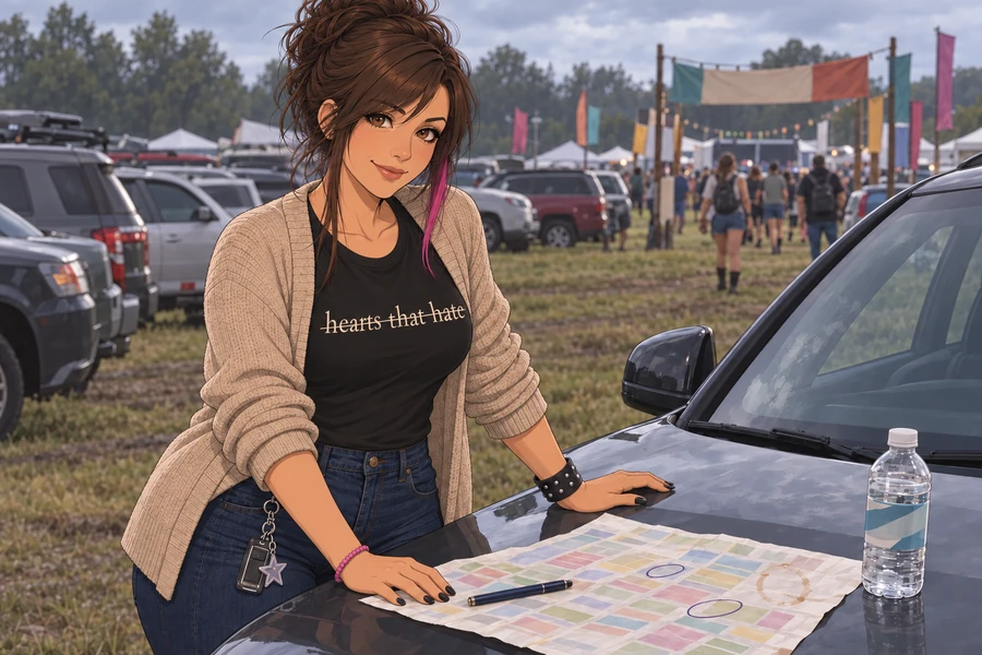 Ashley in a festival parking lot spreading a schedule across a car hood