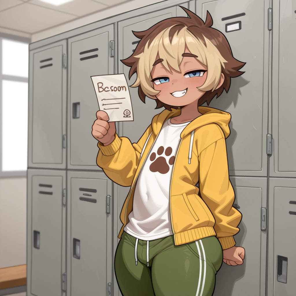 Kyle is wearing: Yellow unzipped hoodie, White T-shirt with a brown paw print in the middle, green sweatpants with white seams, white socks, and fully white sneakers.