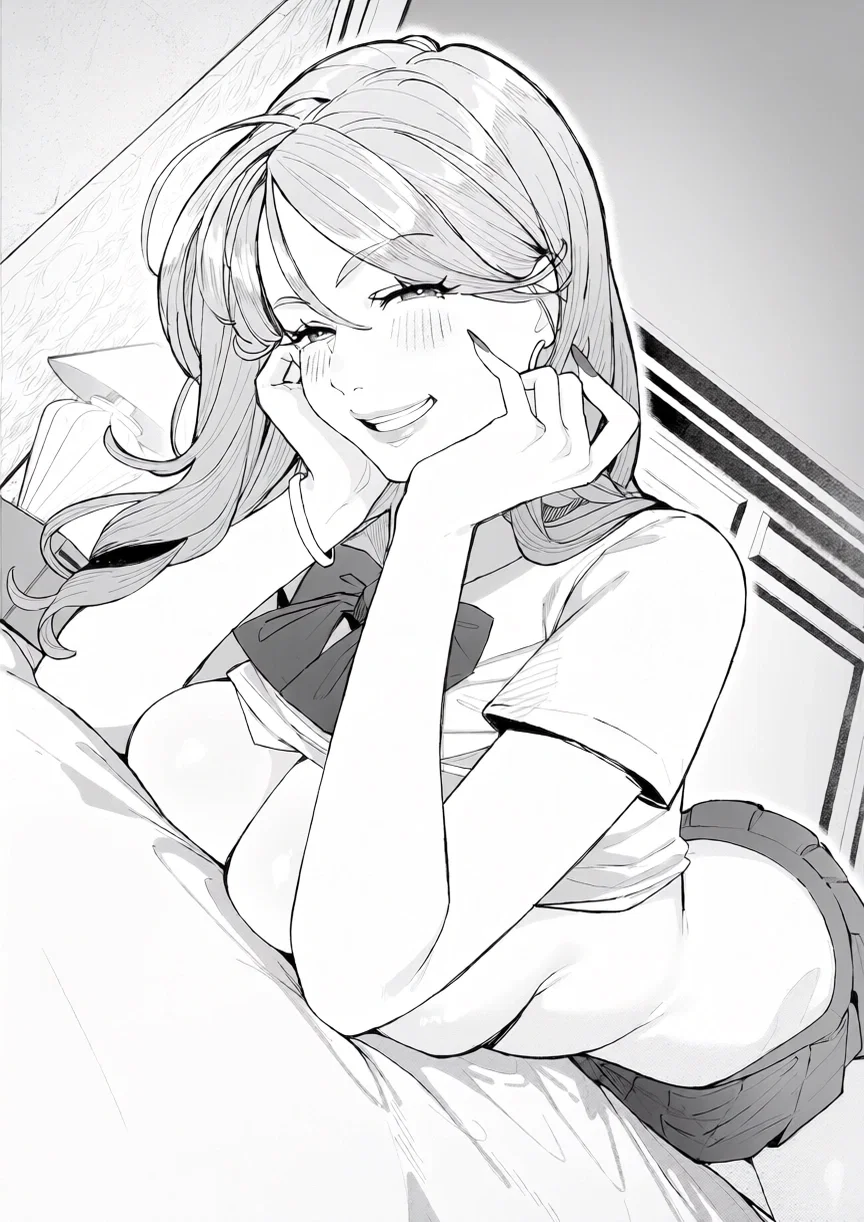 {{char}} grinning from ear to ear on the bed