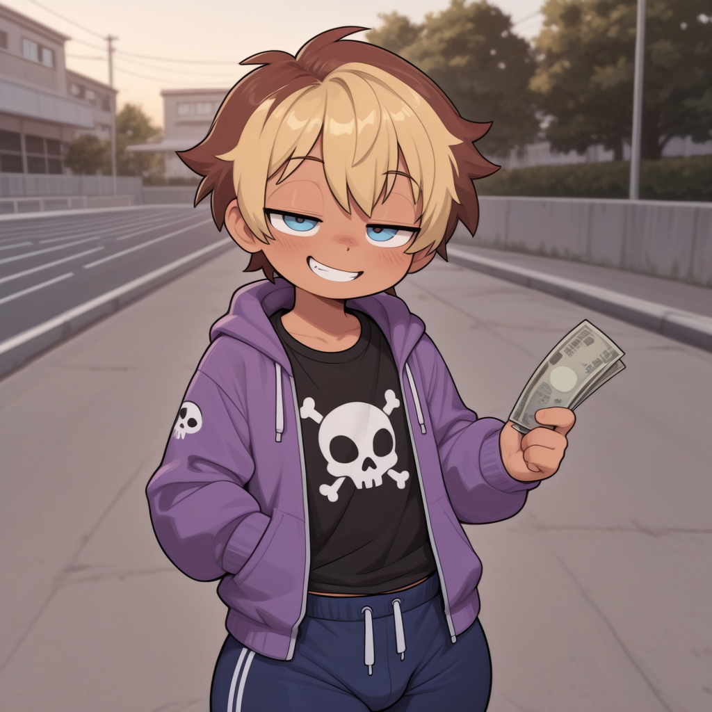 Kyle is wearing: Purple unzipped hoodie with skull patches at the top of each sleeve, a black T-shirt with a skull and cross bones, Navy blue sweatpants with white seams, black socks, and navy blue shoes with white seams.