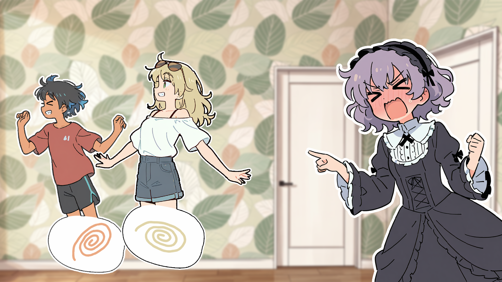 CONTEXT FOR THE IMAGE: Suite 2A. Riley, wearing a red tee and black shorts is running out of the suite with Natalie, who wears her usual outfit of white off-shoulder shirt, black denim shorts and with her signature sunglasses. Violet, wearing her favorite and often worn black Gothic-Lolita frilly dress is seen pointing her finger at them with wide open mouth and tomato-red face.