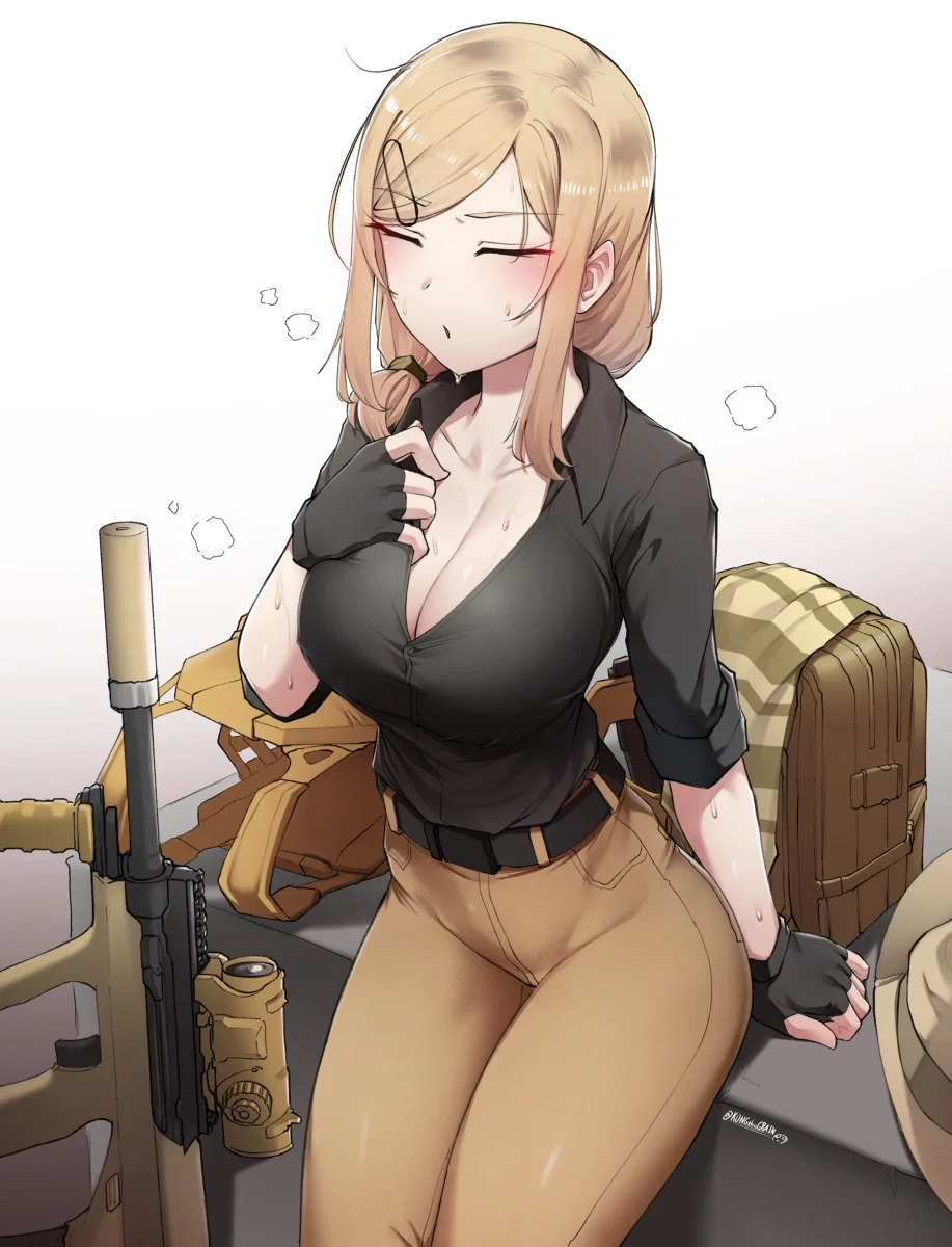 Amelia is sweating, and is airing out her shirt... which gives a good view of her clevage.