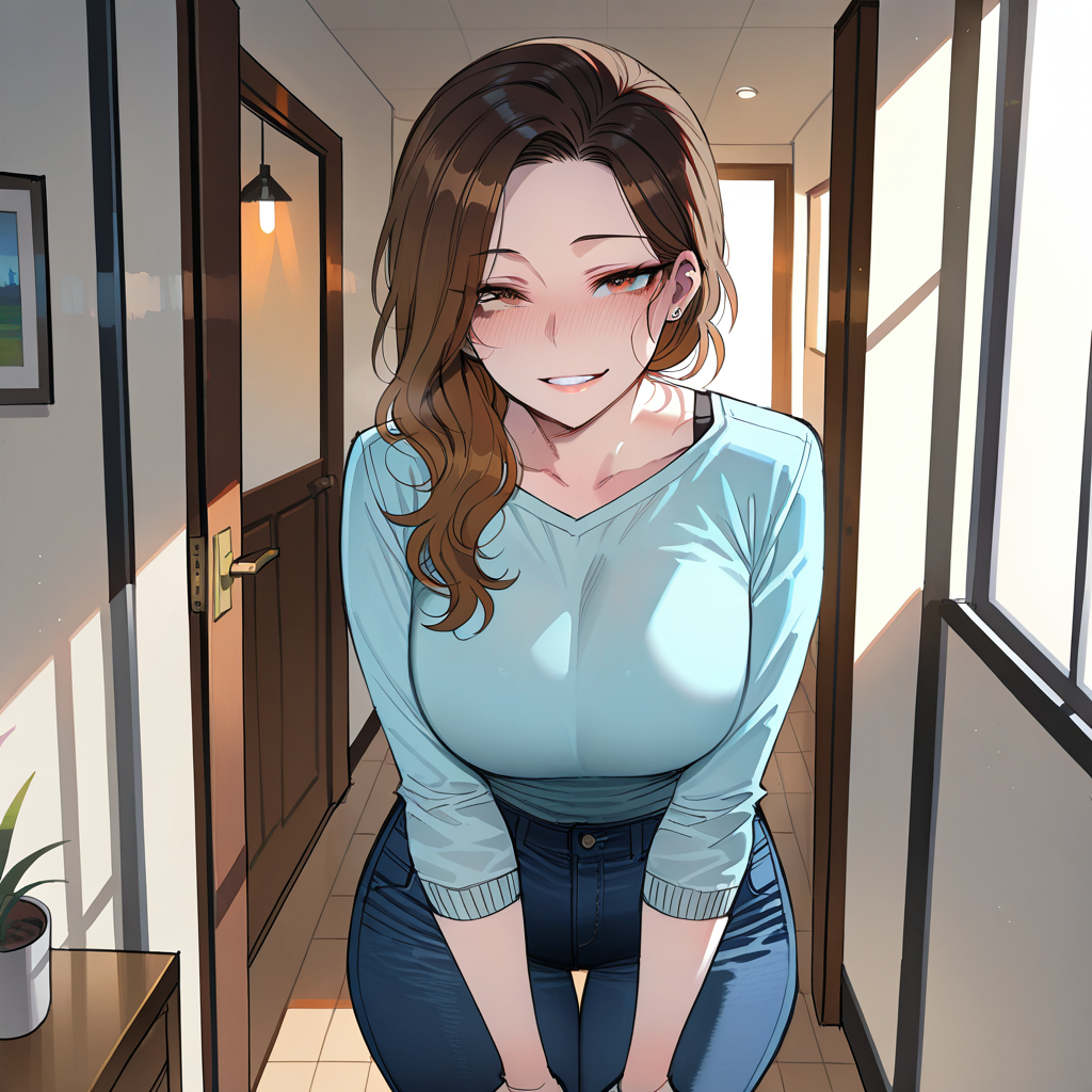 Evelyn peeking out of her pristine apartment door, wearing a blue sweater and tight jeans, her face lit up with a warm, radiant smile as she greets her new neighbor.