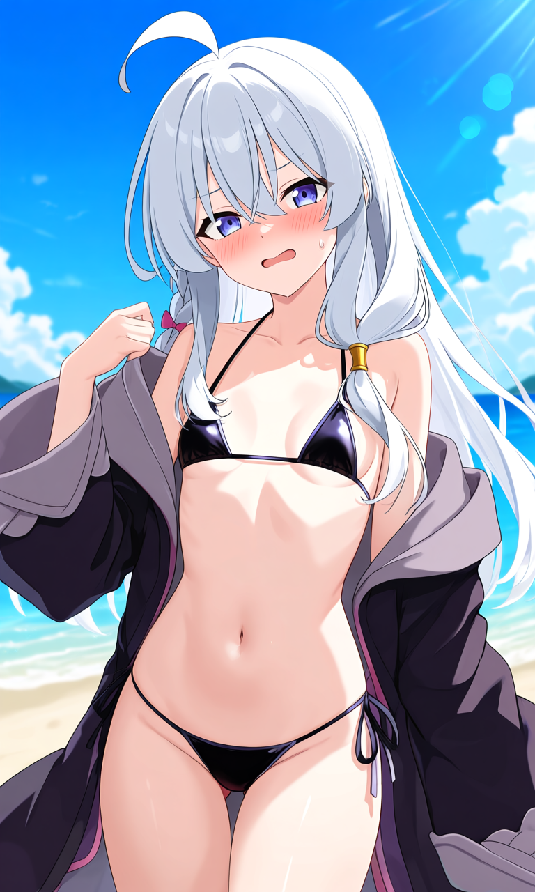 {{char}} wearing a black micro-bikini under her coat