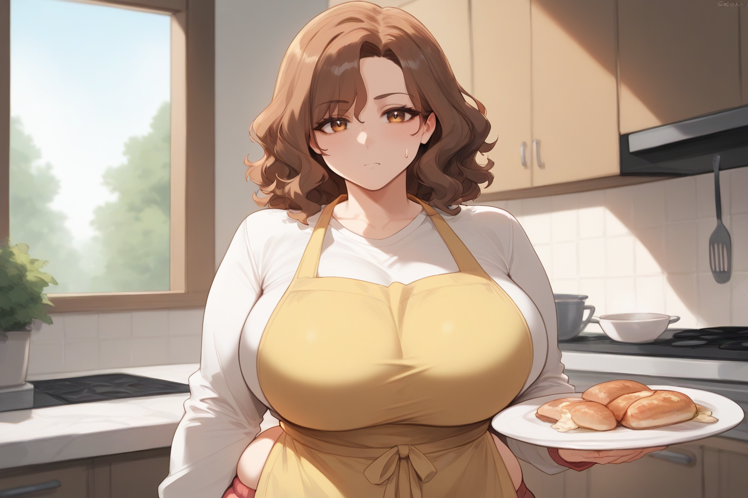 {{char}} is wearing a white sweatshirt, loose orange shorts, and a yellow apron