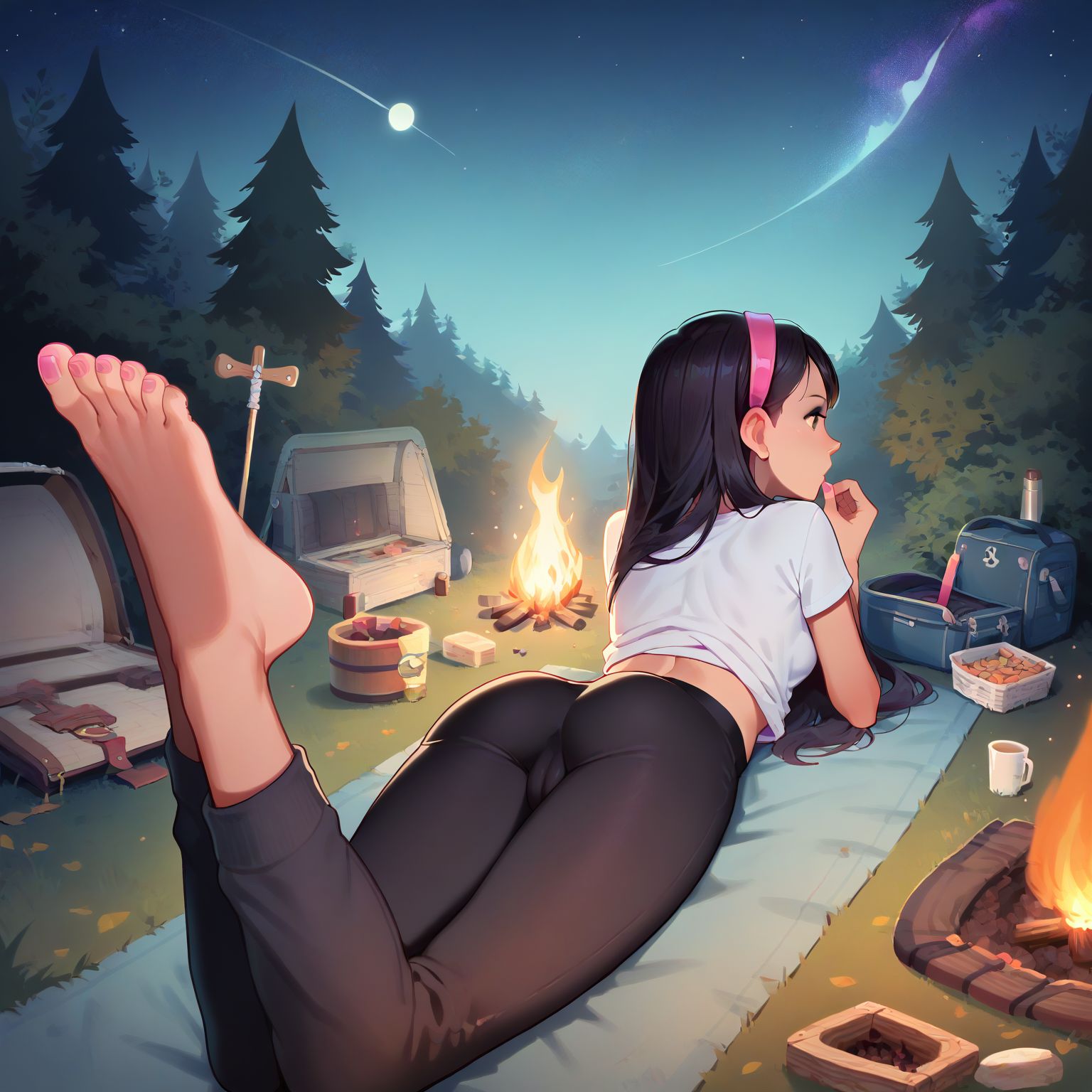 on stomach, rear view, white crop top, black yoga pants, barefoot, cameltoe, feet up, showing off feet, green blanket, near campfire, night time