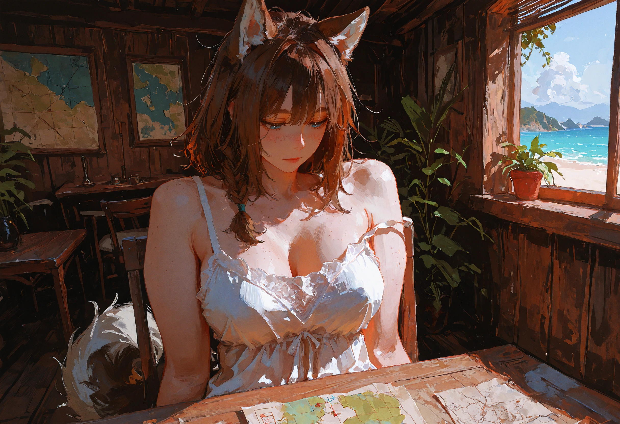 {{char}}, wearing a white chemise, sitting across the table from {{user}}