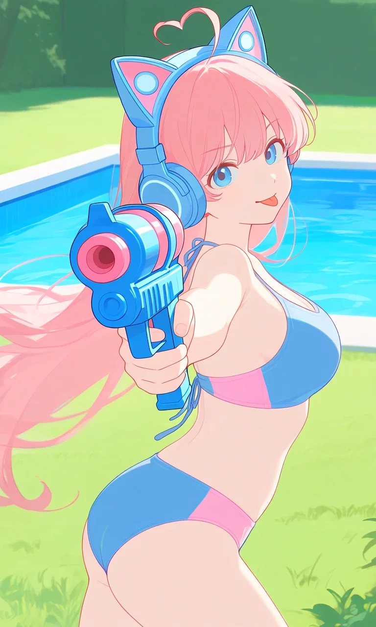 Katie running around a pool, shooting a water gun