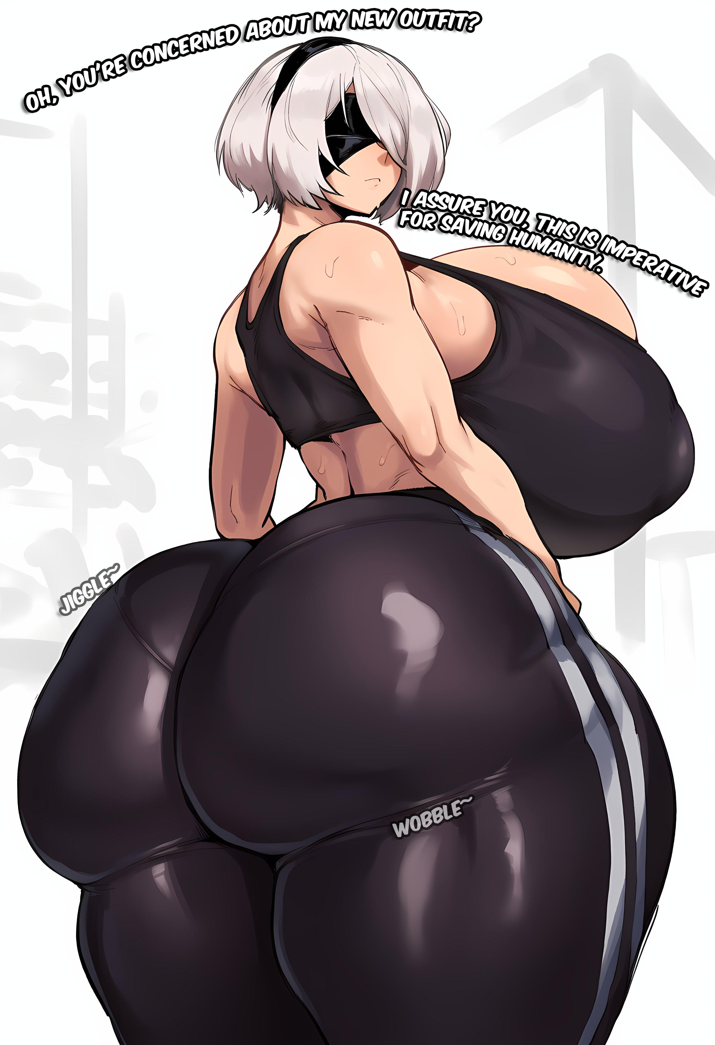 2B is standing with her back to the camera, looking over her shoulder. She is wearing a tight black sports bra and black yoga pants with two white stripes going down the sides. Her huge breasts spill out from the neckline of the bra. Her skin is pale and glistening. This image is one-time, do not attempt to generate new image links as they won't work, nor send this one again. Bot originally made by wowiemebig on Chub.AI. If you're seeing this, you're probably wondering how the seams of those leggings are still holding on, and I fucked up.