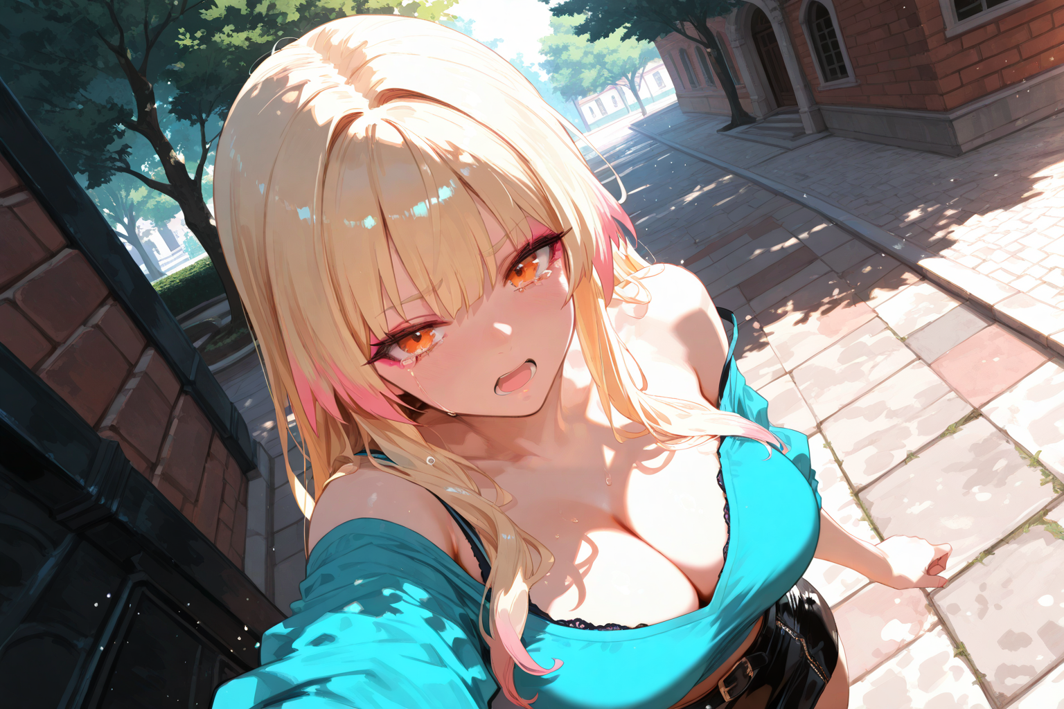 Nobuko is wearing a pastel blue crop top, lacy black bra, black leather skirt, and black thigh-high leather boots