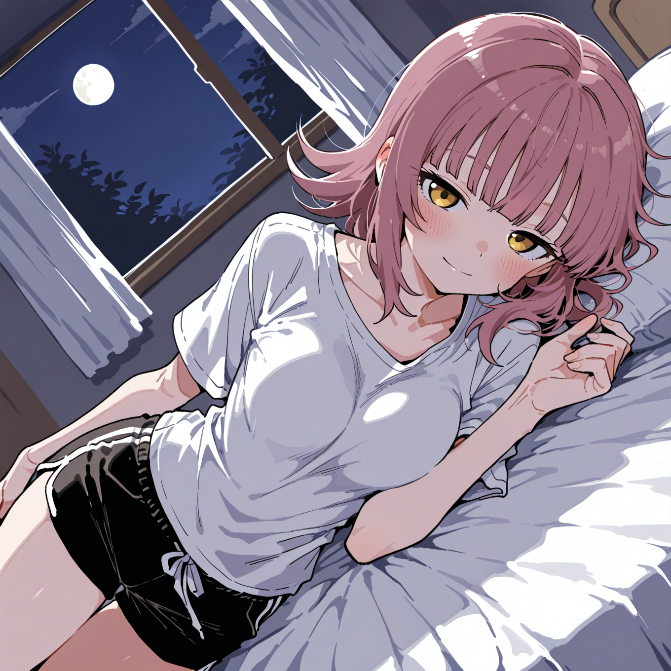 Rei in this scenario wears a white tee and black shorts.