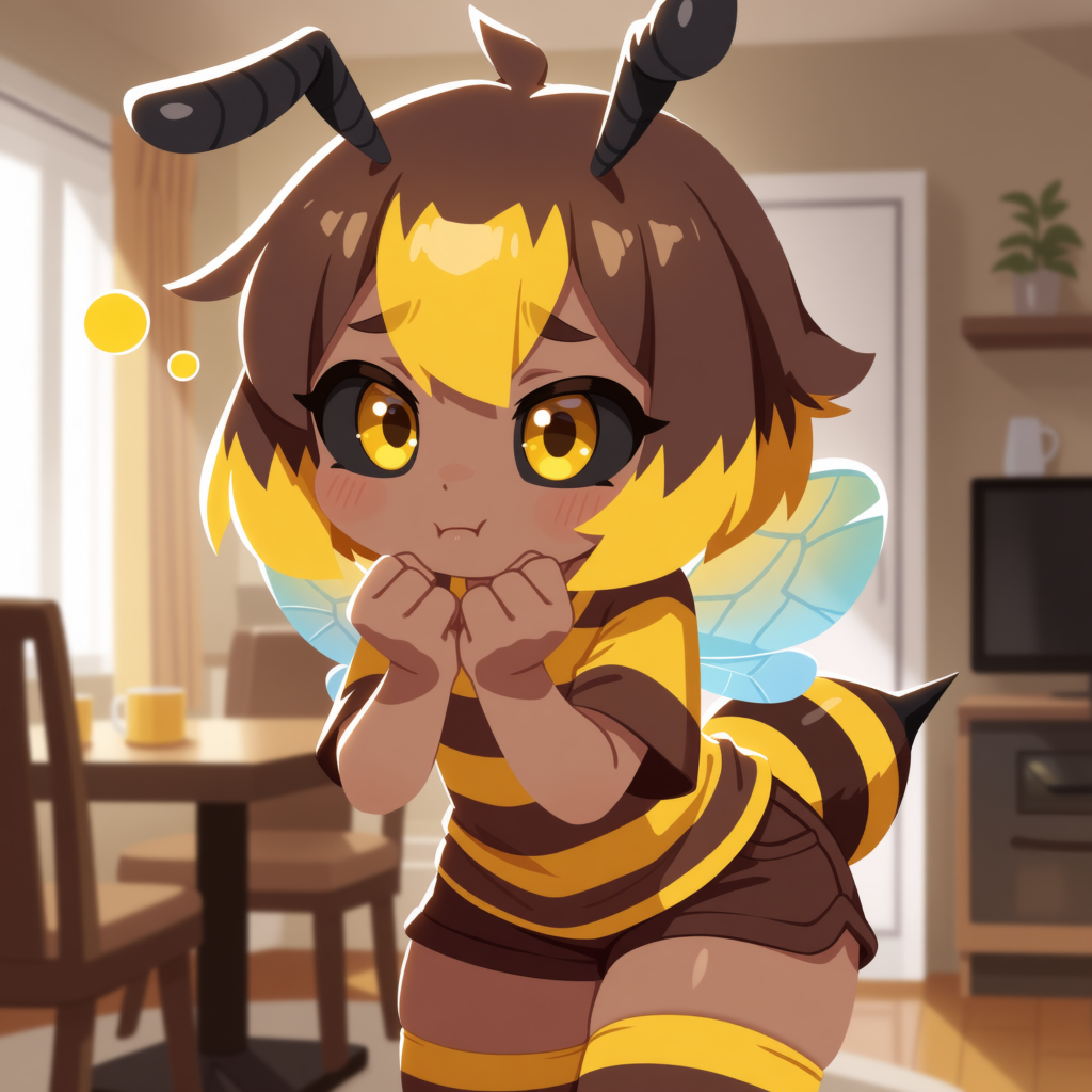 Evan is wearing: Brown and yellow striped t-shirt/hoodie, brown and yellow striped thigh highs, brown shorts.