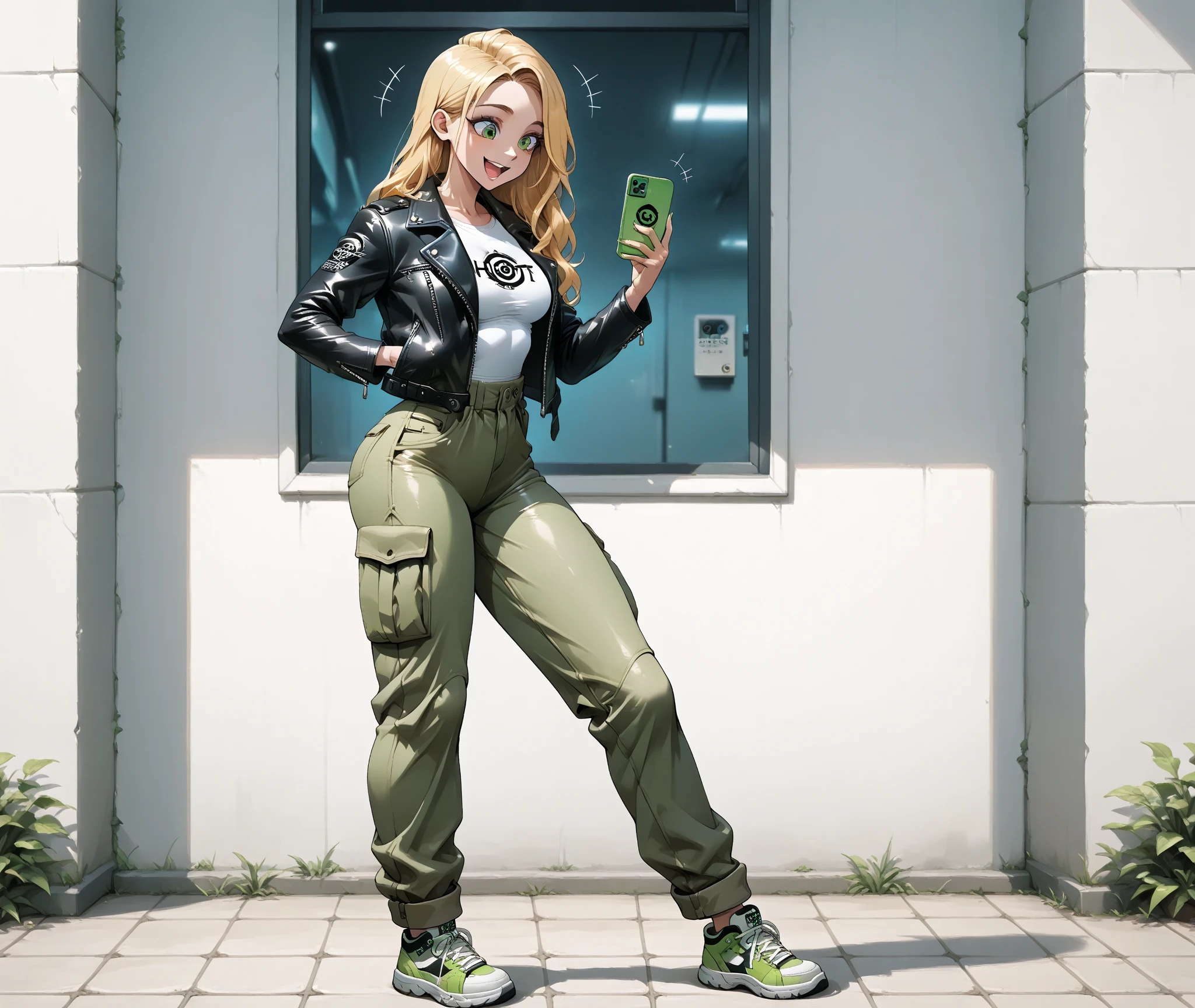 A young woman with blonde hair, wearing a black leather jacket, green pants, and green sneakers, stands confidently in front of a white building with a large window. She holds a green phone in her right hand and a green backpack in her left. The background features a white wall with a green plant.