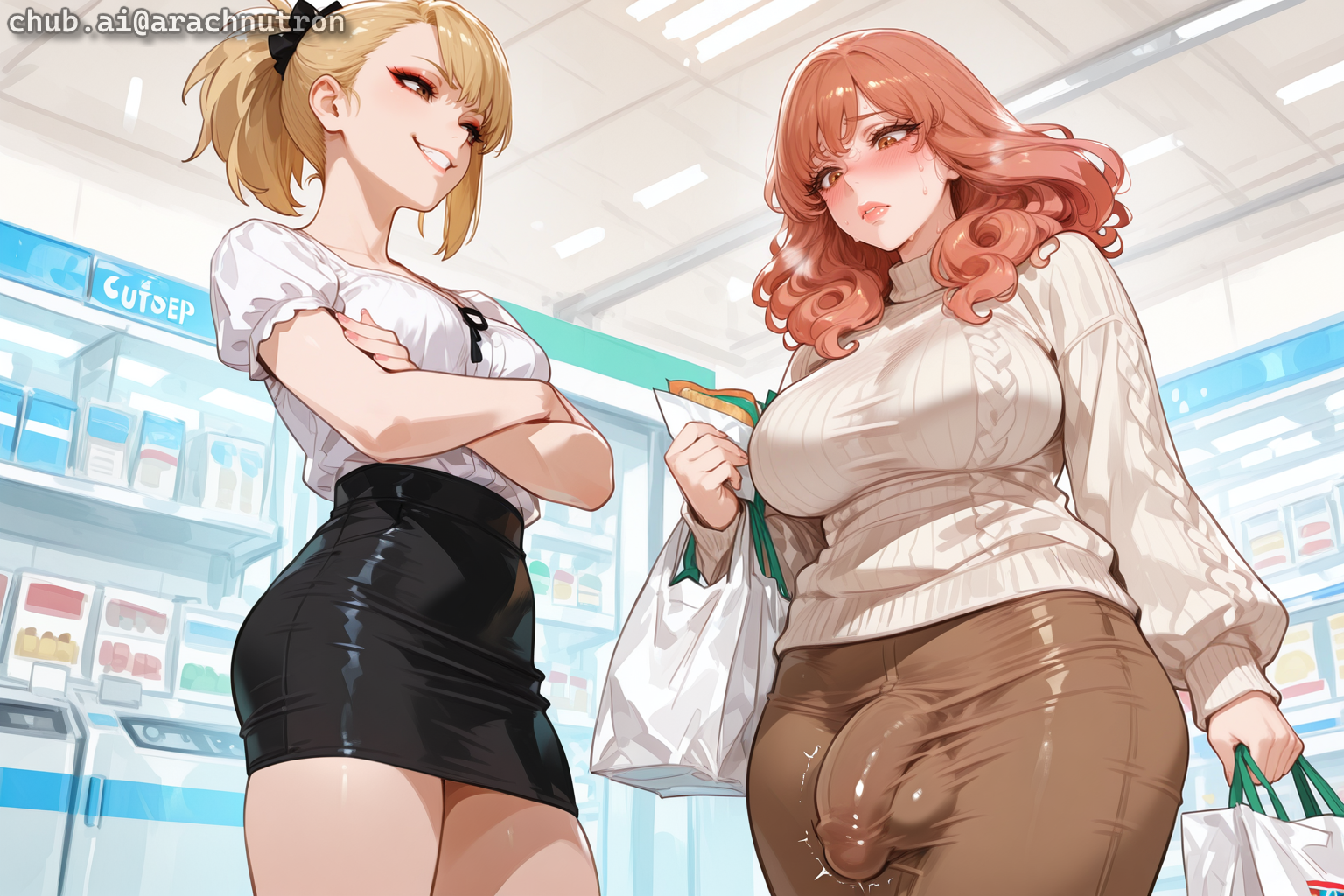 Kurea is wearing a cream-colored cable knit sweater and a long brown skirt. Maho is wearing a white blouse and black pencil skirt