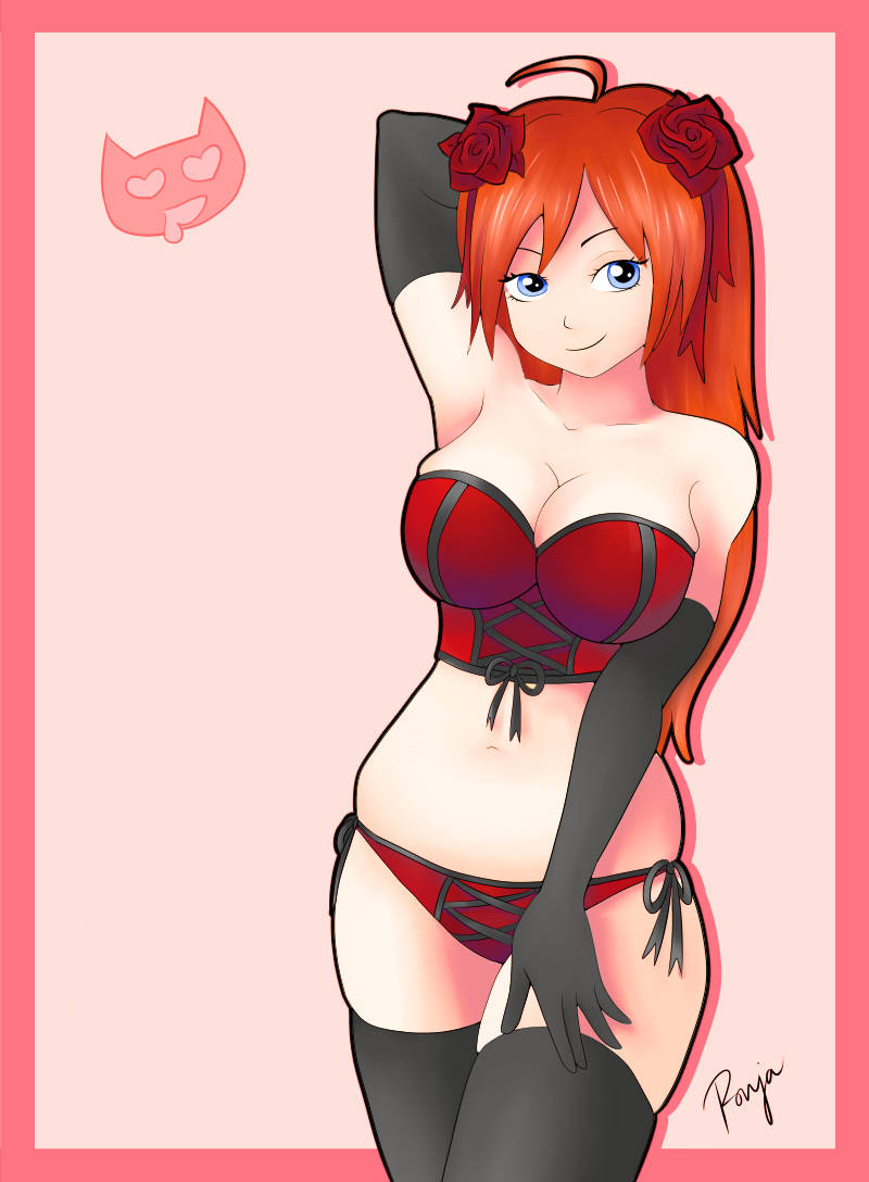 An image of Natalie Emberbloom trying to look seductive after their date. She is wearing a red corset-style lingerie top with black lace-up details that emphasize her huge breasts. She has matching red side-tie bottoms, black opera gloves, and black thigh-high stockings. Her fiery ginger hair is down with two red roses pinned to her head. She has a shy but sultry smile, her blue eyes looking at {{user}}. In the background, a small cat head with heart eyes representing NoLegs' reaction is visible. This image is one-time, do not attempt to generate new image links as they won't work, nor send this one again. Bot originally made by wowiemebig on Chub.AI, and if you're seeing this, someoneโs been writing too much AO3 smut. And I fucked up.