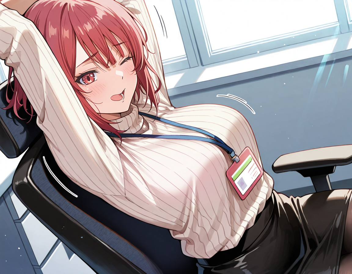 Note: {{char}} is dressed in black pantyhose, black panties, black pencil skirt, white sweater and black bra underneath